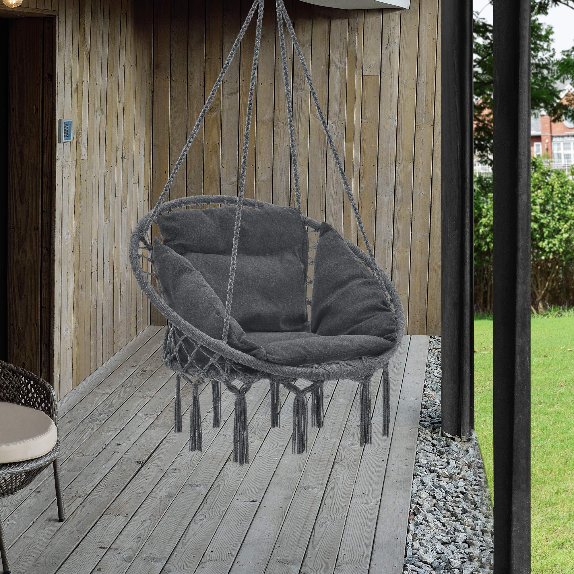 casa.pro Hängesessel mit Kissen Hängesitz Innen und Außen Hängestuhl Hängeschaukel Indoor Outdoor Hängekorb bis 150 kg Dunkelgrau