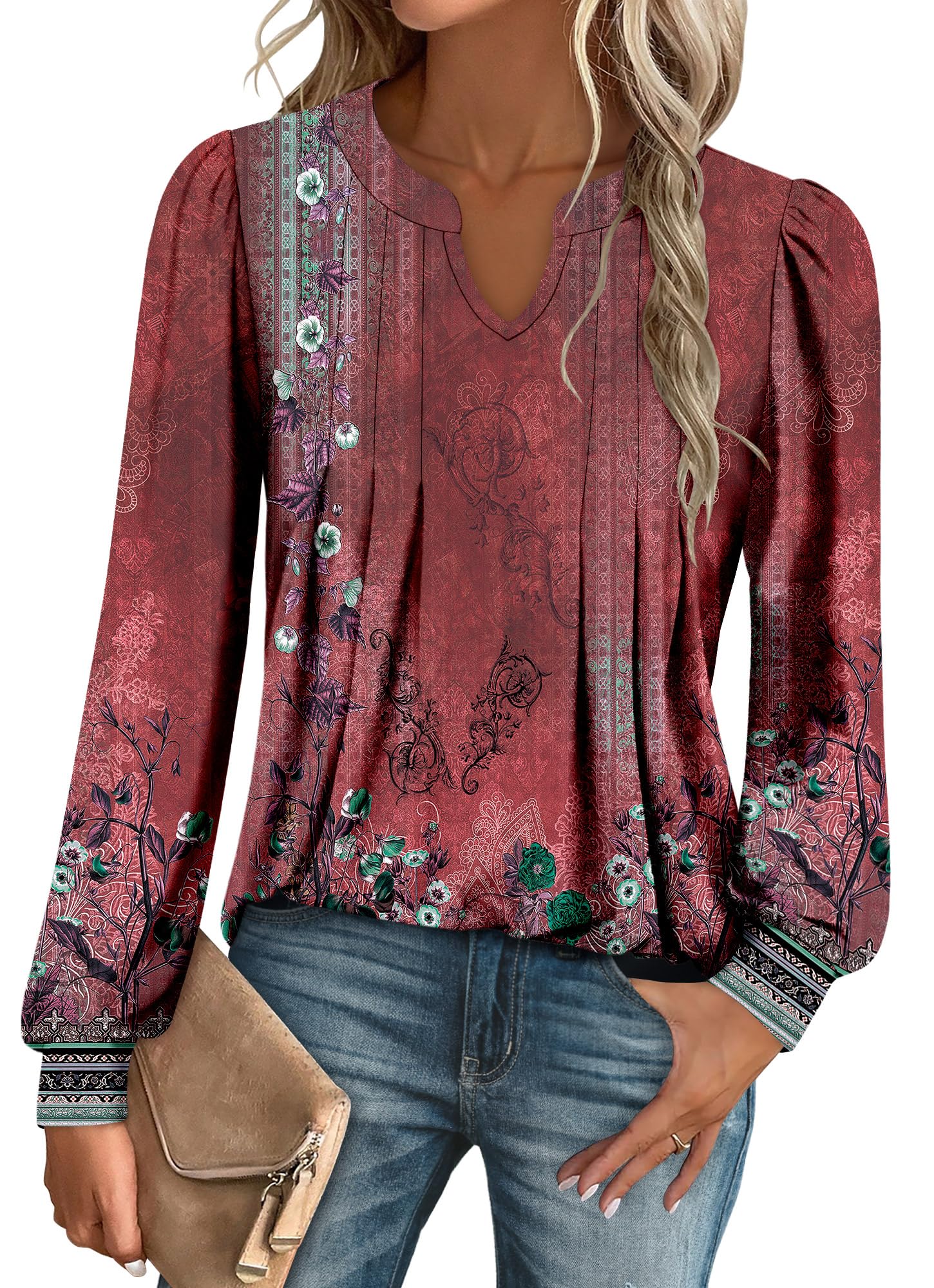 onlypuff Womens Long Sleeve T-Shirt V Neck Tunic Tops Pleated Blouse Shirts S-3XL