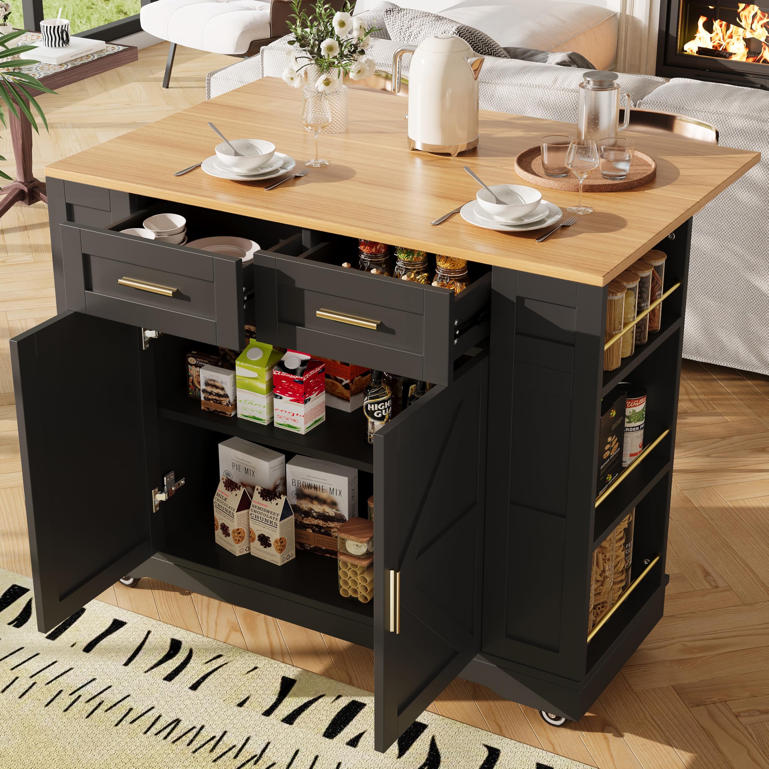 Jaxenor Rolling Kitchen Island on Wheels with Double-Sided Storage Racks