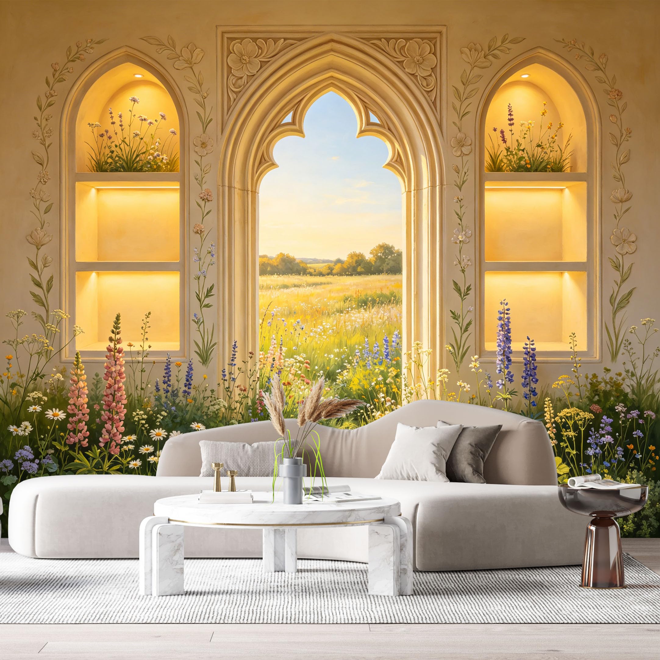 Custom Size Wall Murals Gothic Window Meadow Botanical Landscape 3D Trompe L'Oeil SelfAdhesiveWall Fabric Removable Wallpaper Wall Decor for Living Room Bedroom Bathroom
