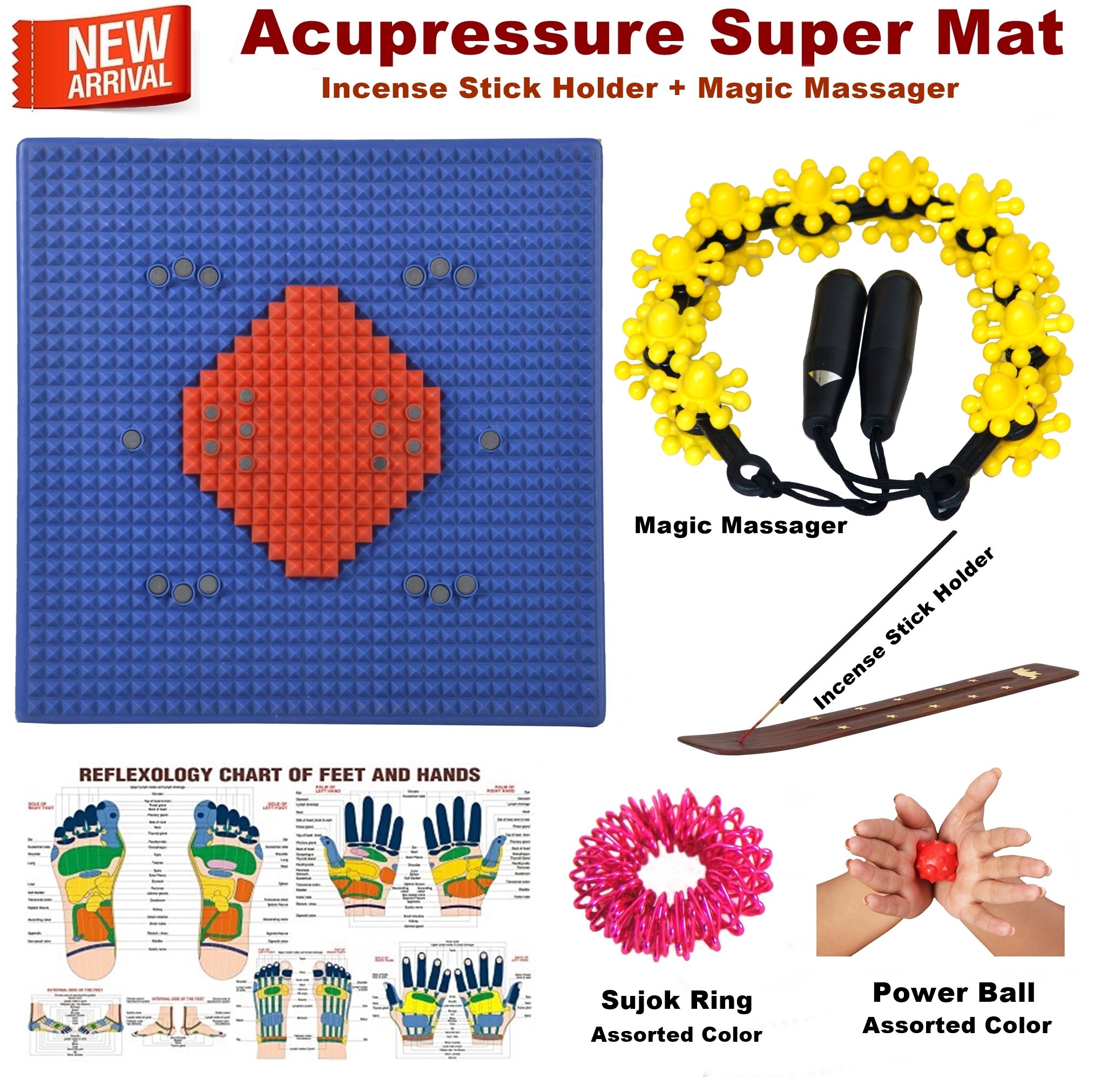 ESCORB Acupressure Super Mat Kit (Pyramids n Magnets) for Massage & Relaxation Useful for Heel Knee Leg Pain Sciatica Cramps Migraine Depression + Incense Stick Holder + Magic Massager (Blue)