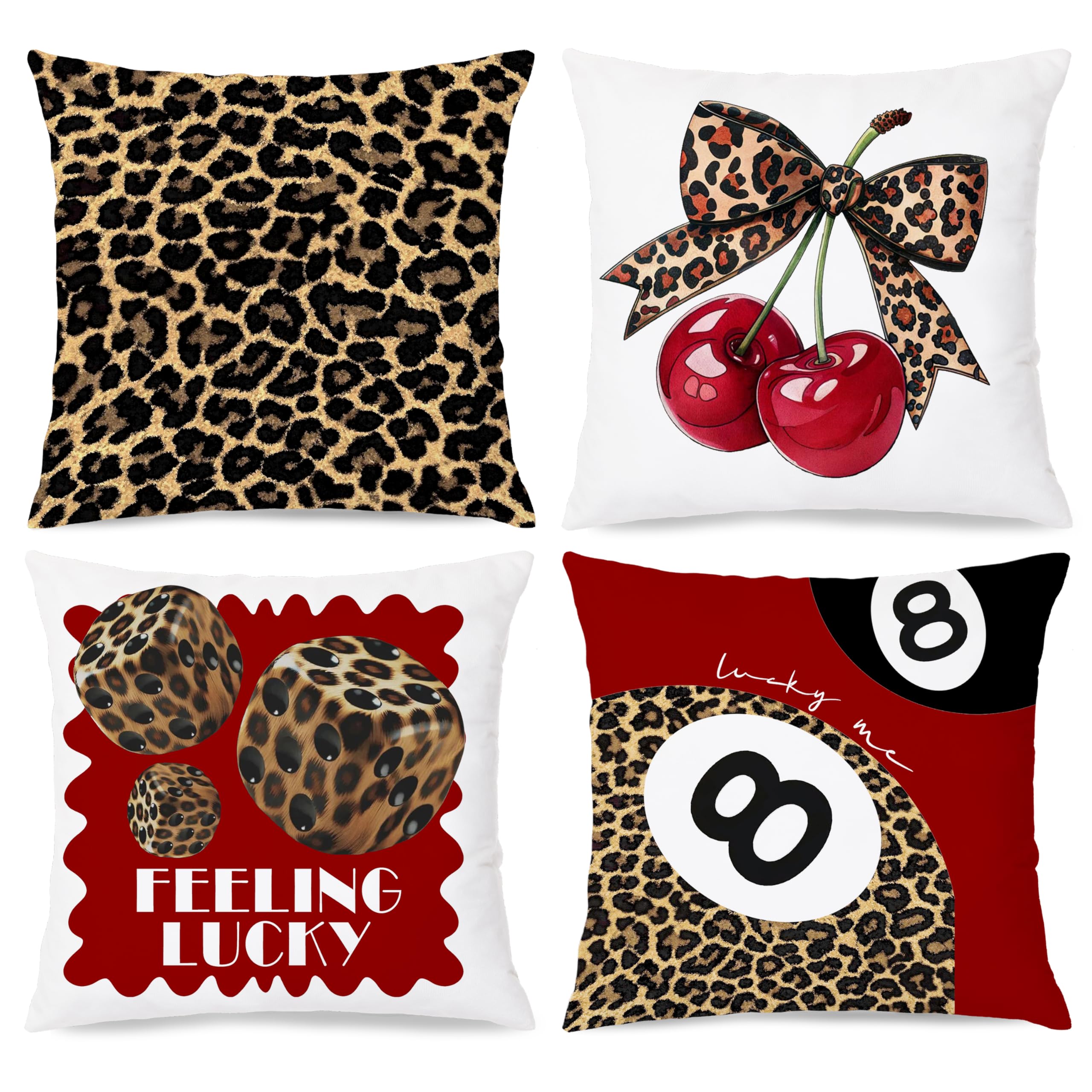 Trendy Leopard Cheetah Bow Cherry Pillow Covers 18x18, Set of 4