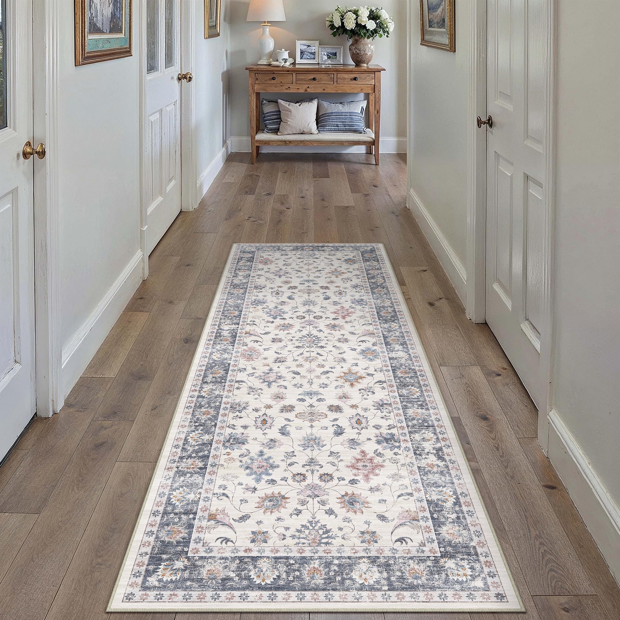 PureCozy Runner Rugs for Hallway 60x120cm Long Vintage Area Rug Washable Non Slip Lounge Bedroom Kitchen Bedside Office Corridor Indoor Floral Bobo Carpet Low Pile, Blue & White — image 1