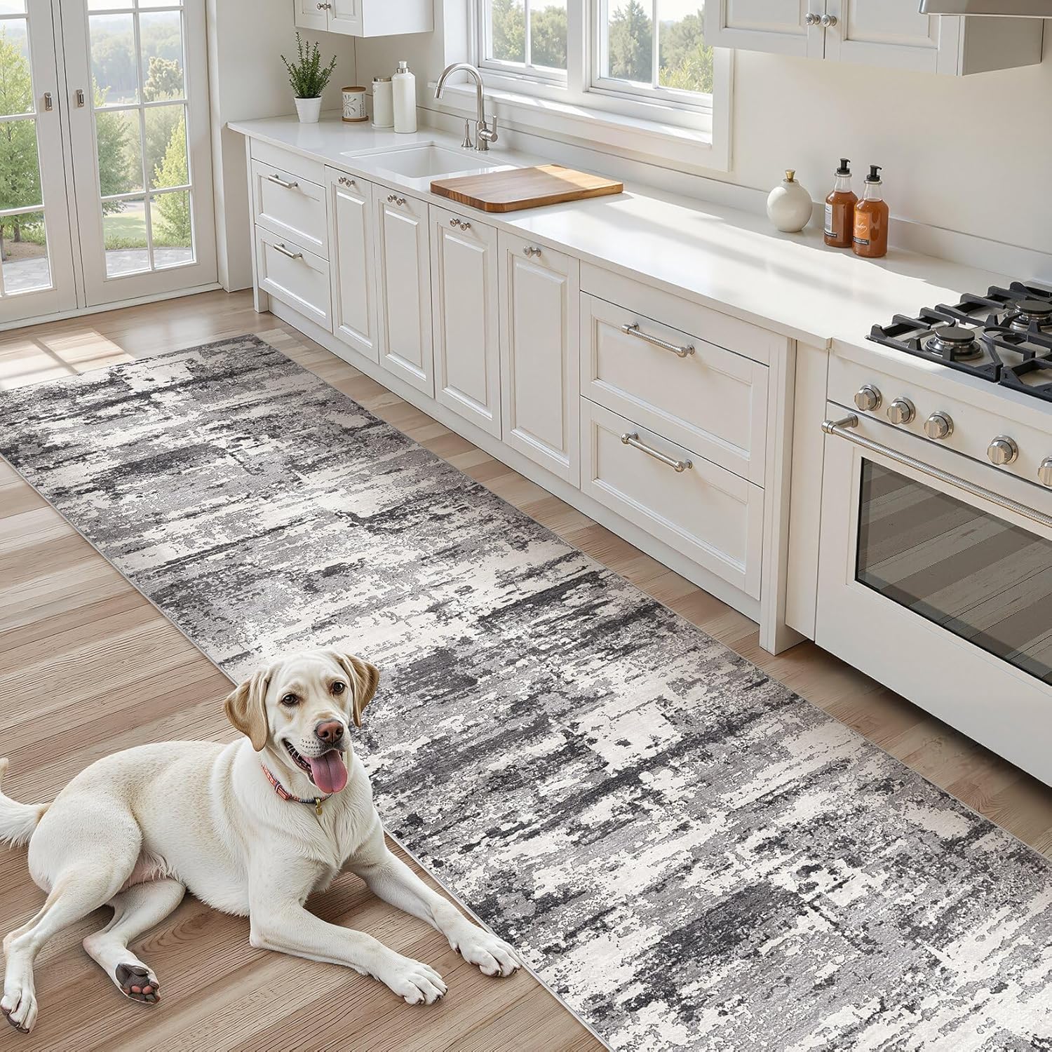 Hallway Washable Runner Rug: 3x8 Abstract Modern Soft Stain Resistant Non-Slip Backing Runner for for Entryway Kitchen Laundry - Black Grey