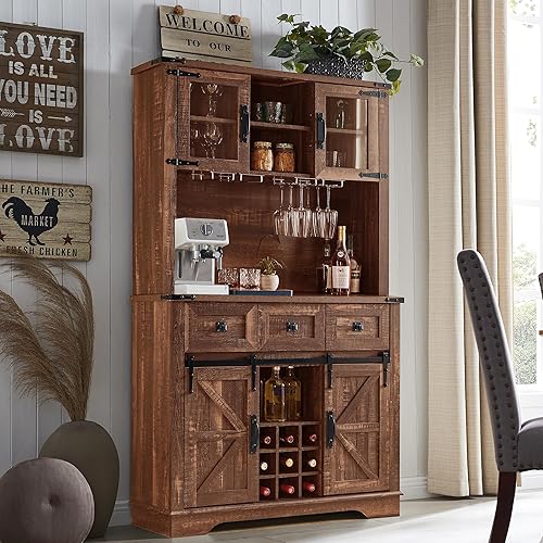 OKD 72" Farmhosue Bar Cabinet with Sliding Barn Door, Large Kitchen Buffet with Hutch w/Wine & Glasses Rack, 3 Drawers, 12 Storage Shelves, Rustic Coffee Bar Sideboard Table, Reclaimed Barnwood Color - 72 Inch - Reclaimed Barnwood Color