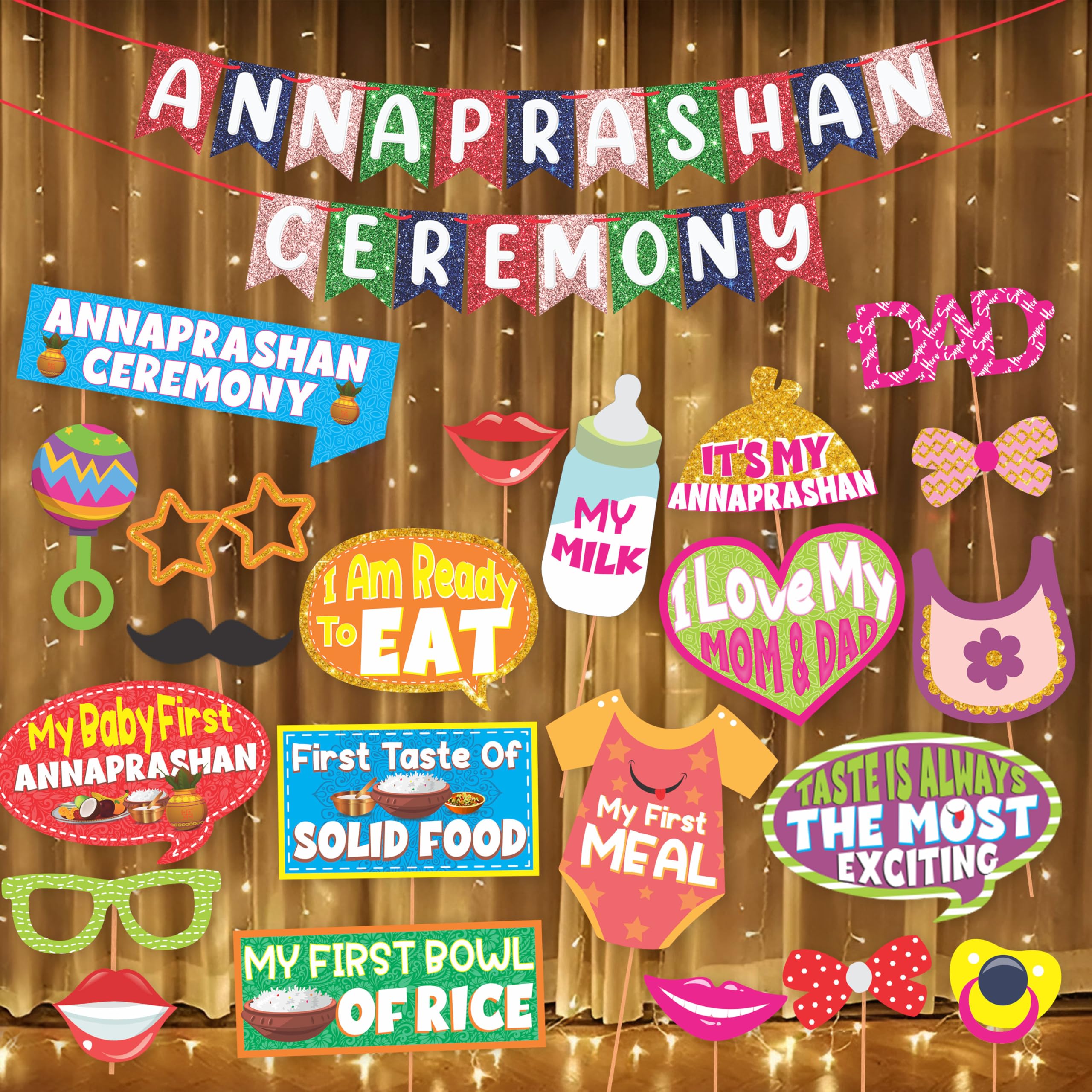 Wobbox Shubh Annaprashan Decoration Items Set which Includes Baby annaprashan Ceremony Props, Subh Annaprashan Banner, Rice Light Decoration, Rice Ceremony Decorations Items(27 Pcs Set)(FP5697)
