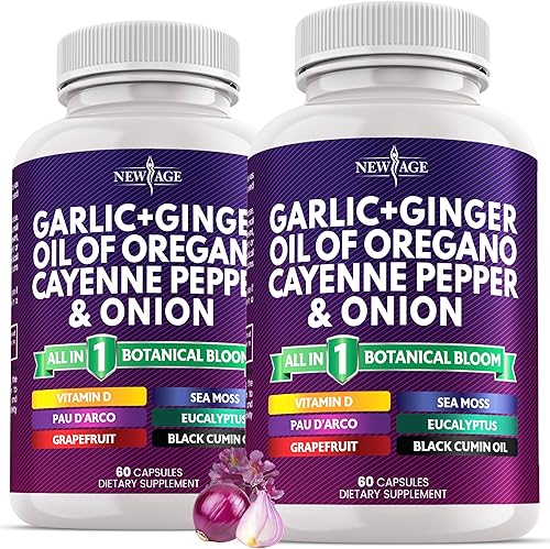 NEW AGE Suplemento de ajo y jengibre, aceite de orégano, pimienta de cayena, guanábana, comino negro, musgo marino, pimienta negra, limpieza de