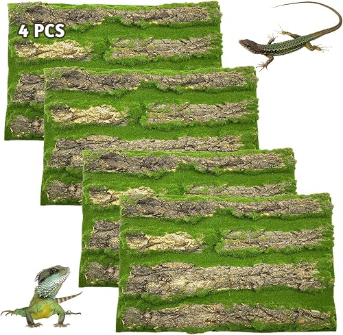 PINVNBY Cork Terrarium Background 4 Pack, Natural Bark Backdrop with Moss for Bearded Dragon, Gecko, Lizard Tank