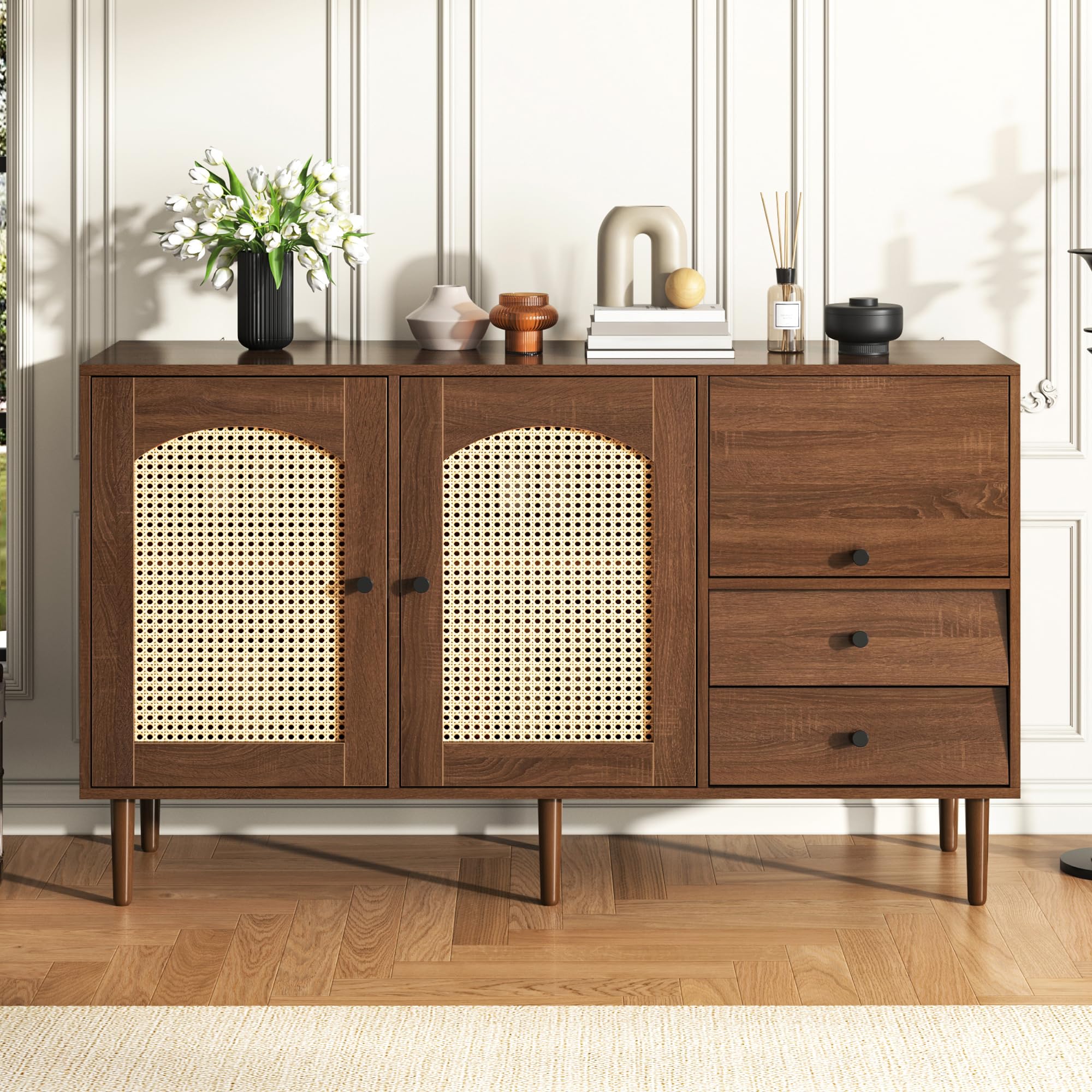 BTM Sideboard mit Rattan Einsatz, 3 Türen und 2 unregelmäßigen Schubladen, Sideboard TV-Schrank für Flur Schlafzimmer Wohnzimmer Esszimmer,Braun,130Lx75Bx40H cm