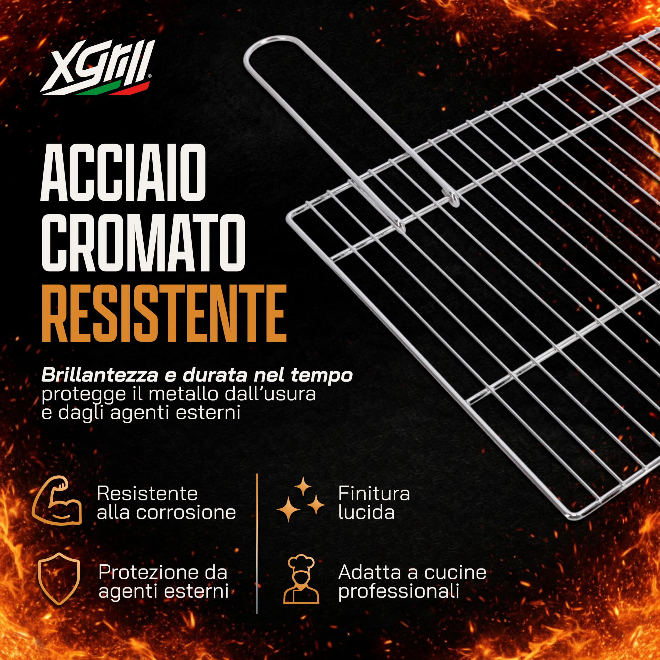 XGRILL | Griglia Barbecue 67,5x40 cm in Acciaio Cromato con Manici Richiudibili | Griglia BBQ Portatile per Barbecue a Carbone e Muratura | Made in Italy