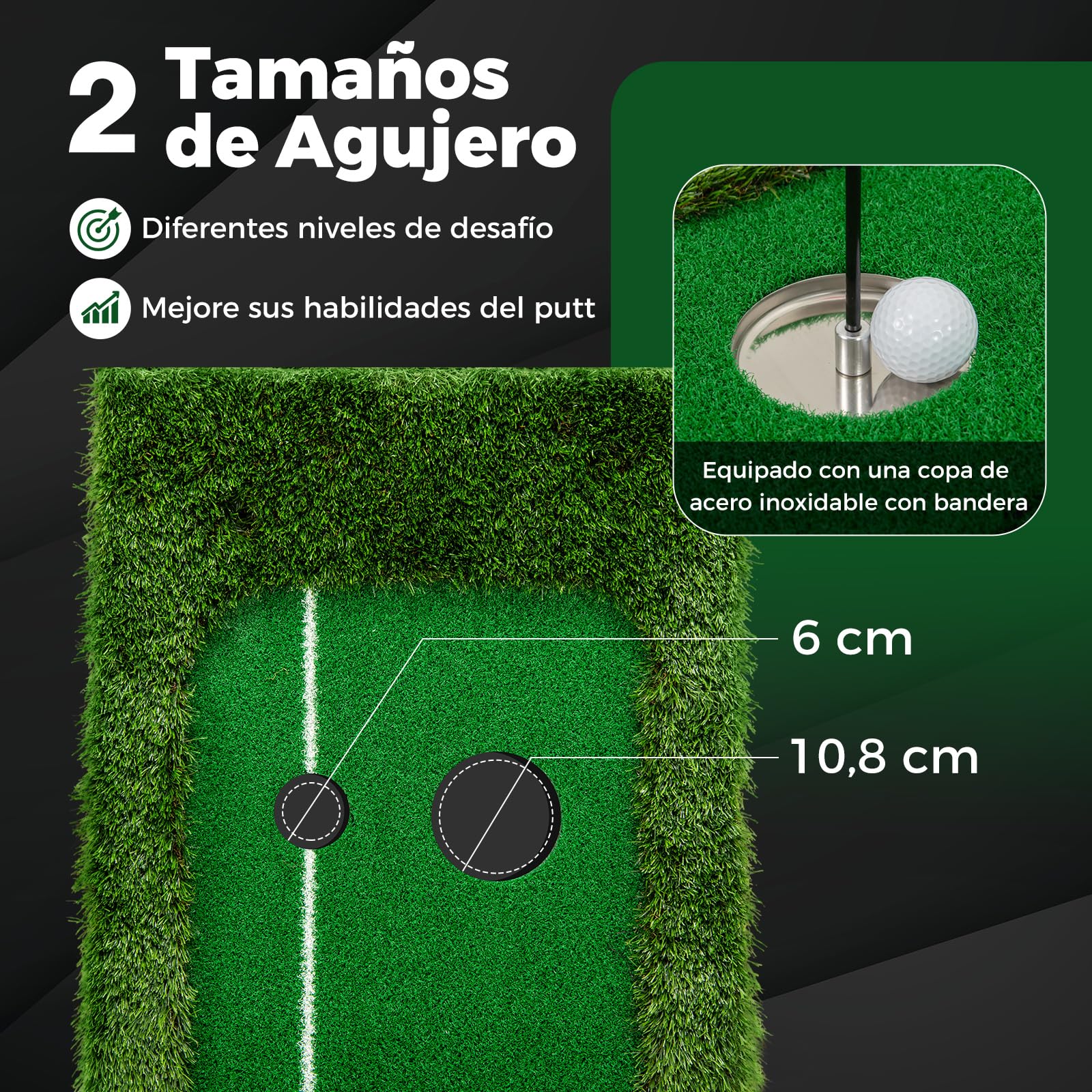 COSTWAY Alfombra de Práctica de Golf 300 CM, Césped Artificial, 3 Pelotas de Golf y 2 Tamaños de Hoyos, Tapete de GOF, Interiores Exteriores Hogar Oficina Jardín y Patio