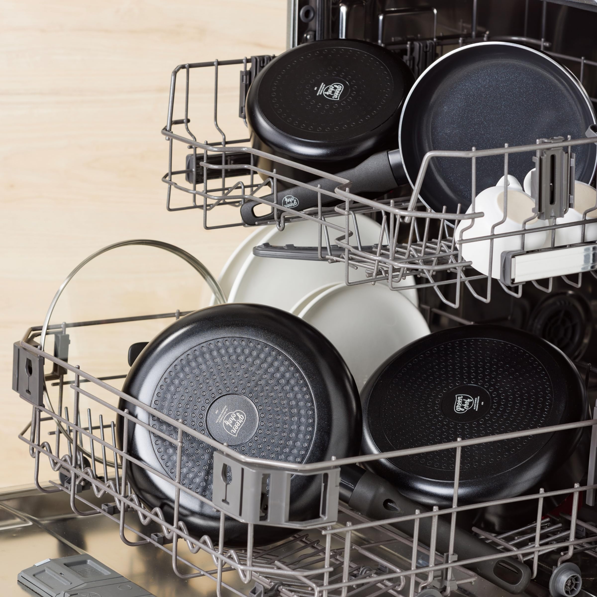 GreenChef Tones Batterie de cuisine 7 pièces en céramique avec revêtement antiadhésif, poêles, casseroles, sauteuse, protection de poêle, induction, sans PFAS, passe au lave-vaisselle, au four, noir