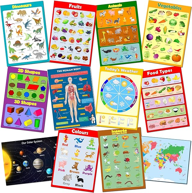 Picture Learning Poster Pack x12 Educational for Preschool & School Kids, Dinosaur Poster, Space Poster, World Map for Kids, Learn Shapes, Weather poster, Learn with Images