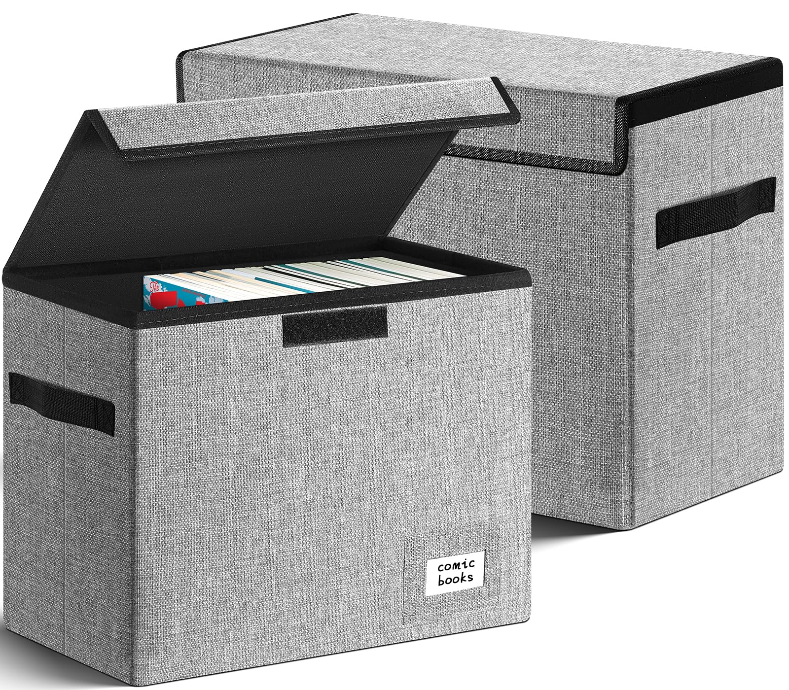 Leffis Almacenamiento de cómics, caja de cómics de 15.5 x 7.5 x 11.3 pulgadas, caja corta plegable con tapas para 150 cómics, contenedor resistente para libros de cómics