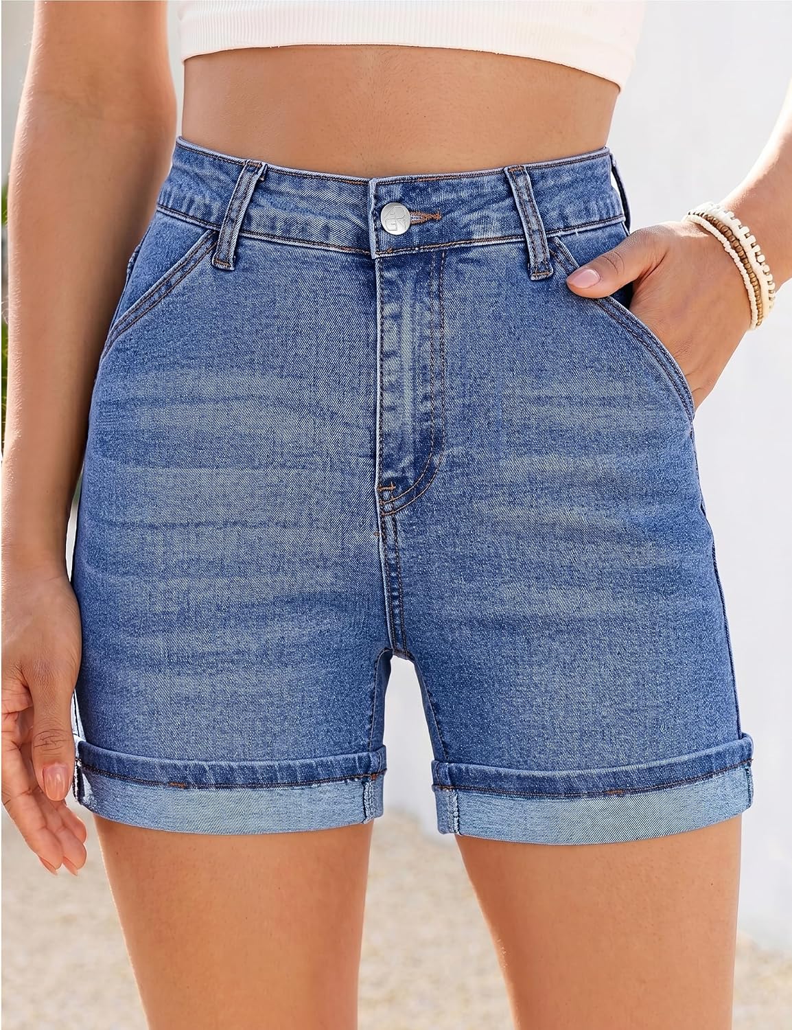 GRAPENT Jean Shorts for Women High Waisted Mid Thigh Cuffed Hem 5 Inch Inseam Stretchy Denim Shorts Summer Casual Jorts