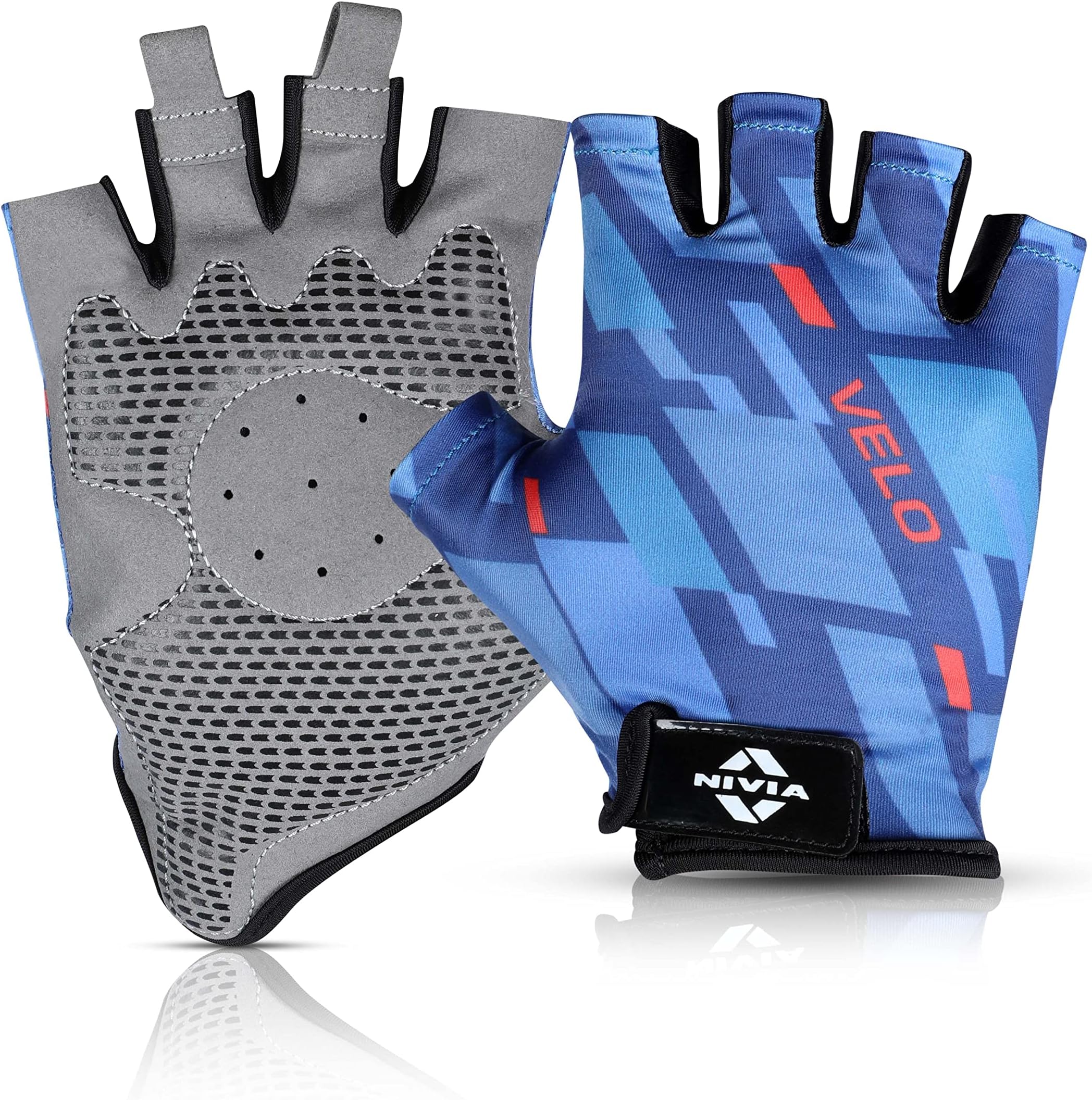 Nivia Velo Fitness Gloves, Micro Sued Cycling Gloves, Airculate & Snug Fit Technology with 1/2 Finger Length Gloves (Large) - Blue