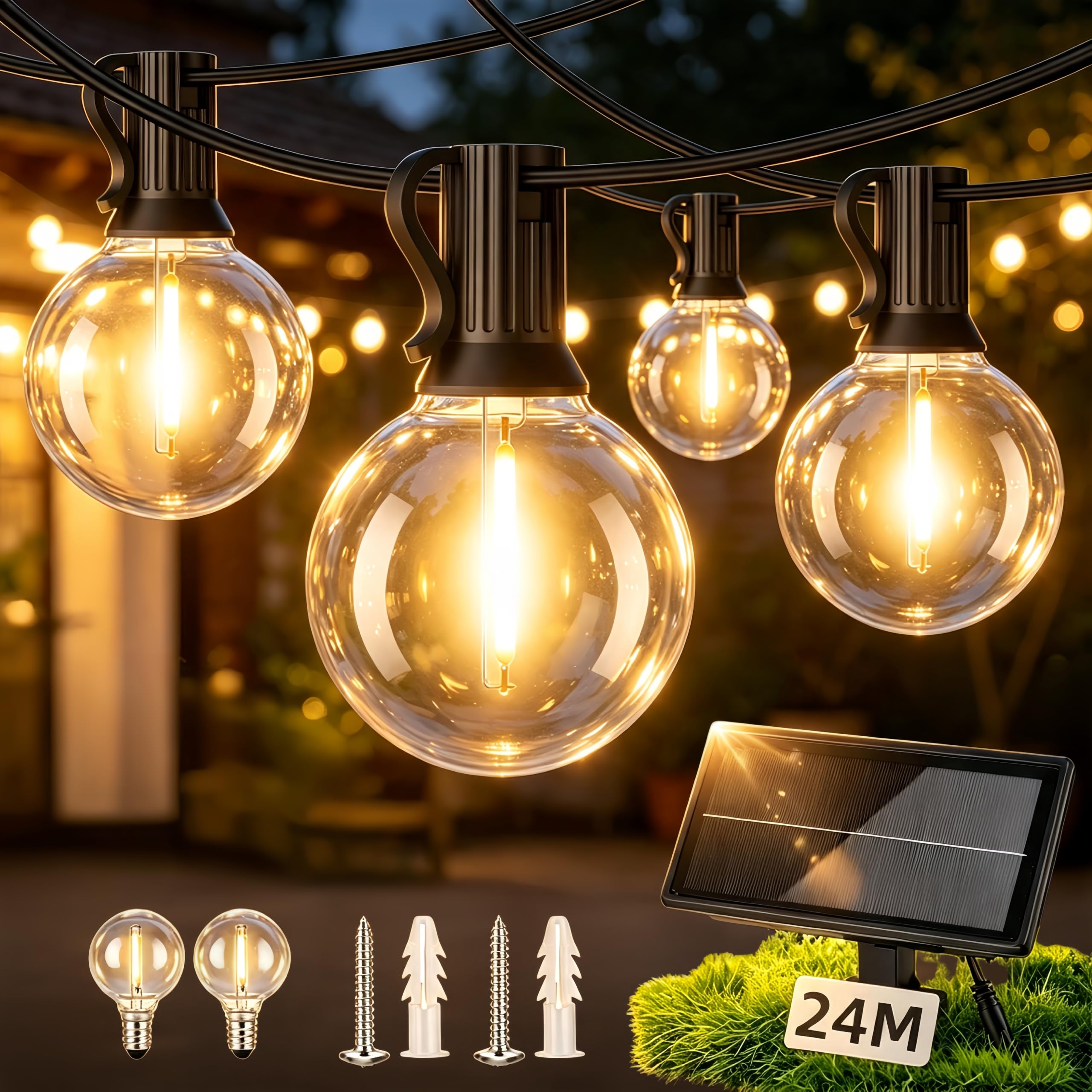 Catena Luminosa Esterno Solare 24M, Impermeabili per Esterni | 40+2 Lampadine, Ricarica Tramite Energia Solare o USB, 3 Modalità, adatte Cortili, Gazebo, Giardini, Balconi, Feste