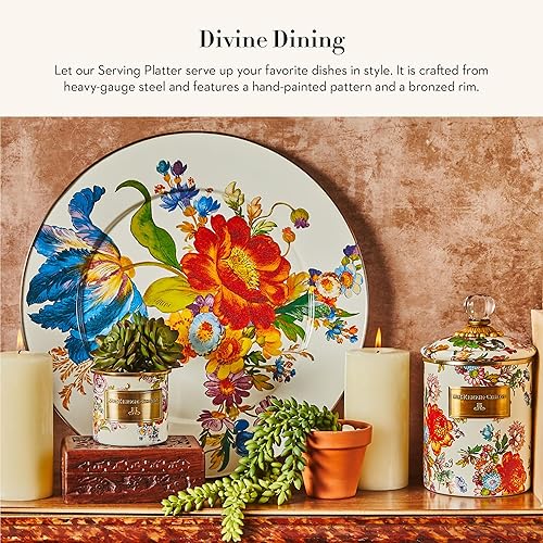 Miniatura 2 de MACKENZIE-CHILDS Plato de servir esmaltado, fuente decorativa para servir alimentos, 16 pulgadas, mercado de flores blancas