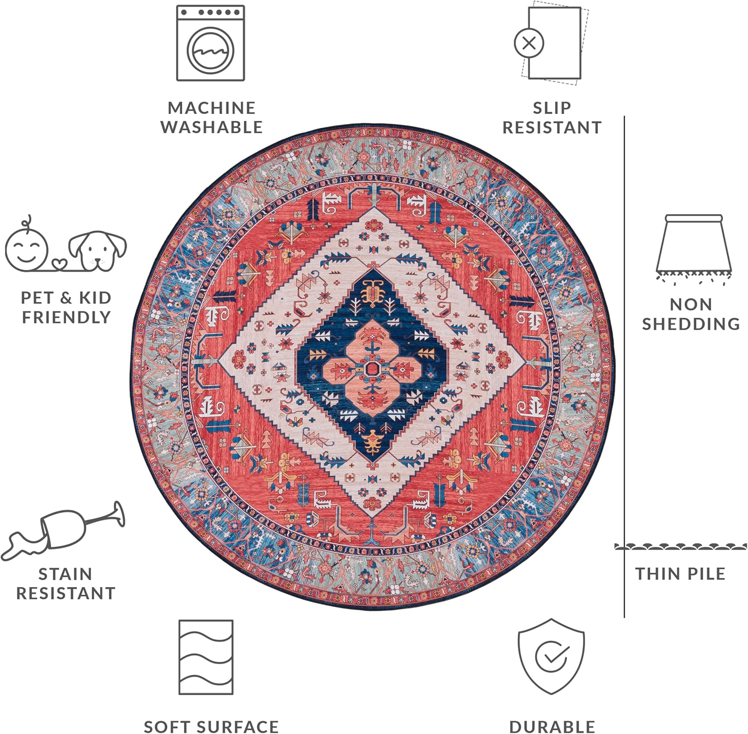 SAFAVIEH Washable Rug Tucson Collection - 6' Round, Rust & Blue, Slip Resistant & Easy to Clean, Ideal for Living Room, Bedroom, Dining Space (TSN133P)