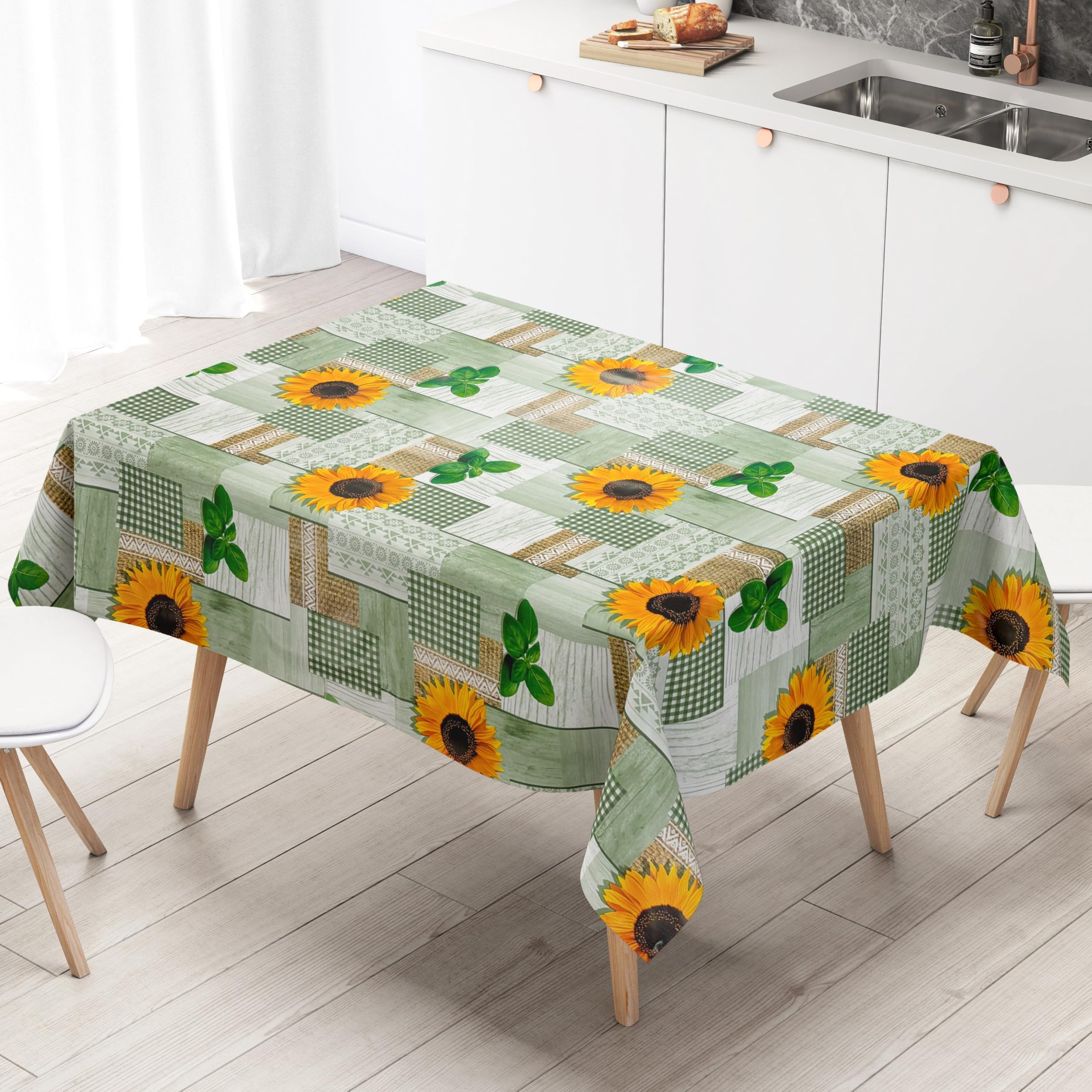 KEVKUS Wachstuch Tischdecke 160 cm Breite PC130-2 grün Sonnenblumen wählbar in eckig, rund und oval - Größe oval 160x220cm mit Paspelband