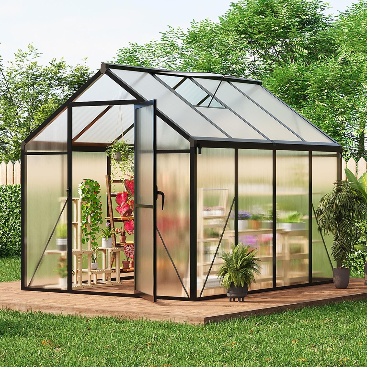 Garvee 12x8 ft Greenhouse, Easy Assembly Polycarbonate Greenhouses for Outdoor with Adjustable Roof Vent, Large Aluminum Walk-in Greenhouse with Lockable Hinged Door for Patio, Backyard, Garden, Black