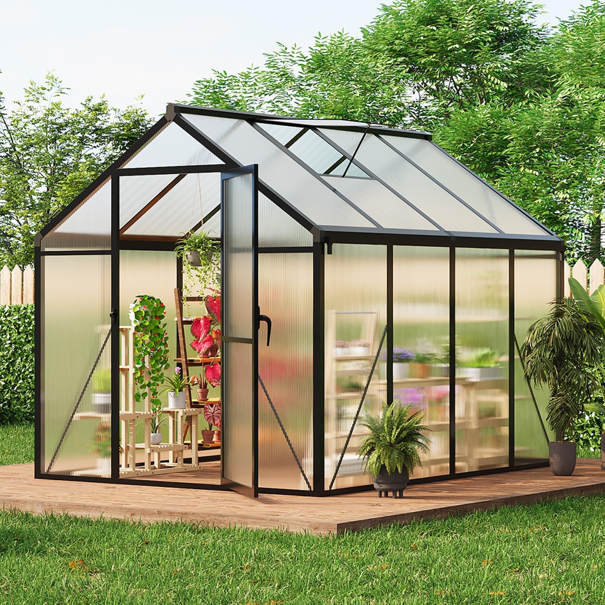 6x10 FT Greenhouse for Outdoors, Polycarbonate Greenhouse with Roof Vent, Ground Nails, Lockable Hinged Door, Aluminum Large Walk-in Green House for Outside Garden Backyard, Patio, Lawn, Black