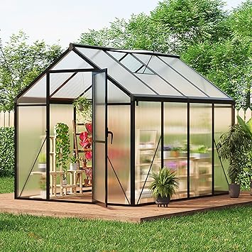 6x8FT Polycarbonate Greenhouse, Walk-in Outdoor Aluminum Frame Greenhouse with Roof Vent, Lockable Push Door for Garden, Backyard, Patio & Lawn
