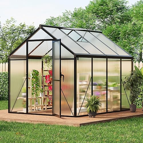 6x8FT Polycarbonate Greenhouse, Walk-in Outdoor Aluminum Frame Greenhouse with Roof Vent, Lockable Push Door for Garden, Backyard, Patio & Lawn