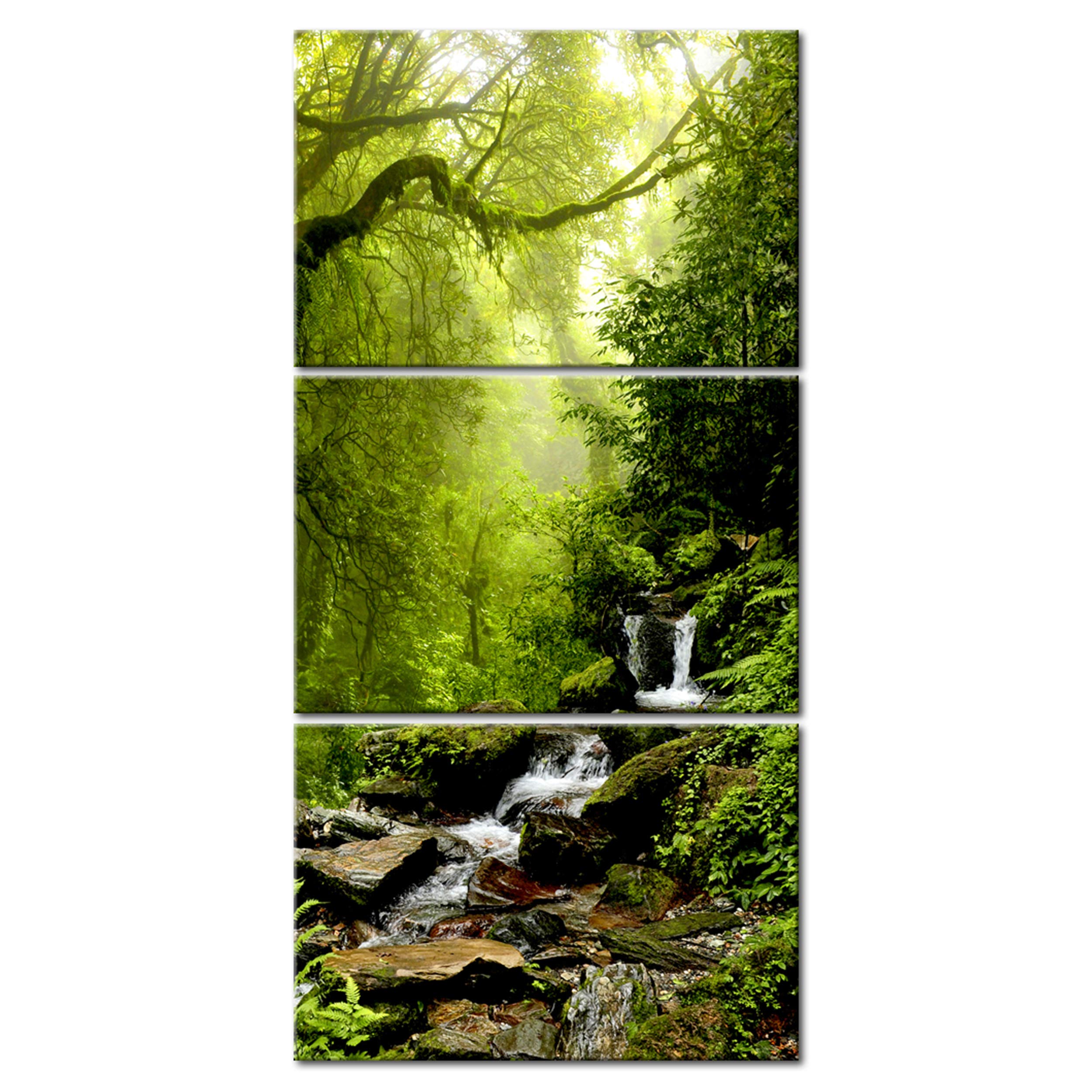 decomonkey Wandbilder Wald 90x180 cm 3 Teilig Leinwandbilder Kunstdruck | Bild auf Leinwand, Wanddeko, Wohnzimmer, Wanddekoration, Bäume, Fluss, Wasser, Natur, grün