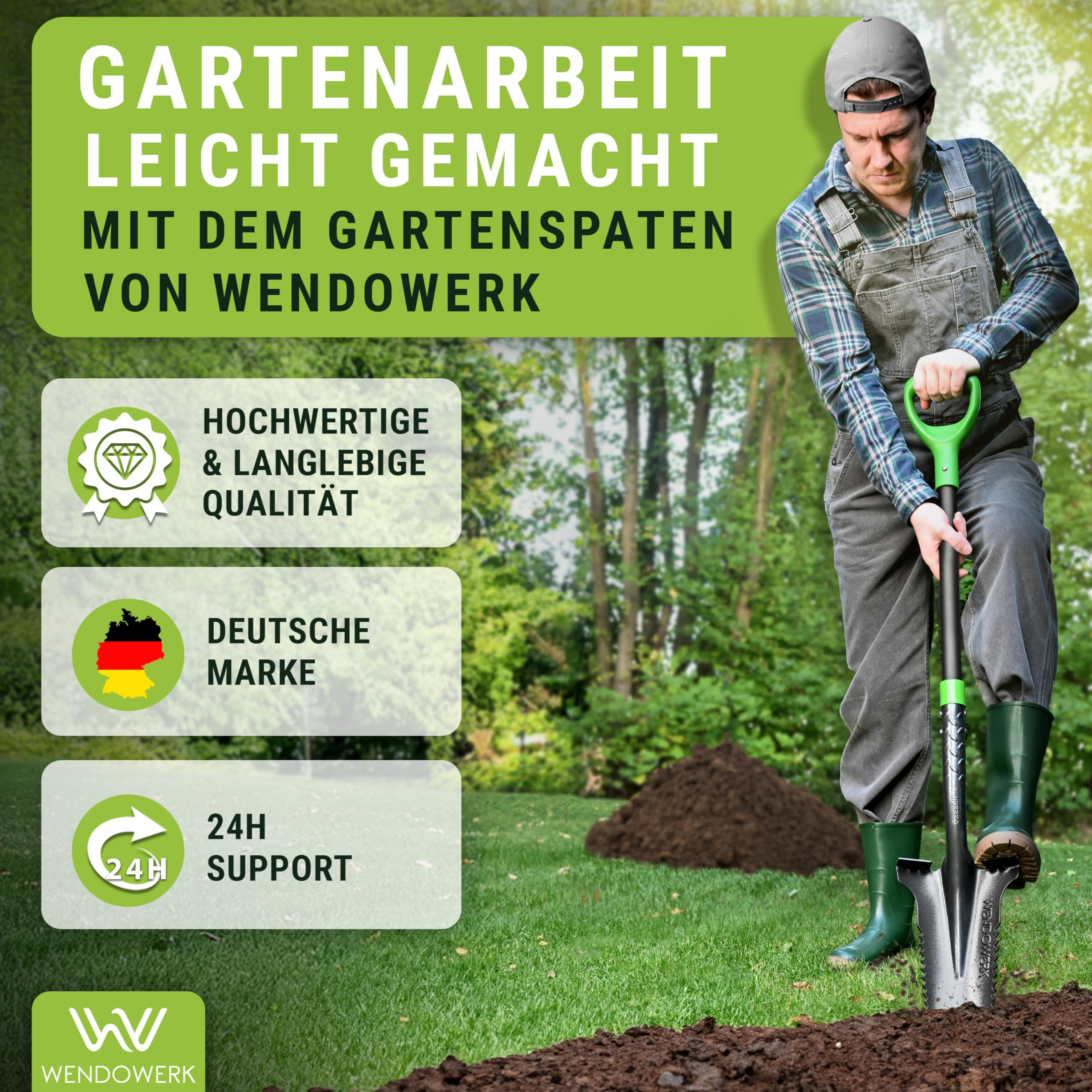 WENDOWERK®️ Spaten mit Wurzelsäge - Wurzelspaten mit extra breiter Trittfläche für harte Böden & ergonomischen Griff - Spaten mit Wurzelsäge für einfaches Graben im Garten - Stabiler Gartenspaten