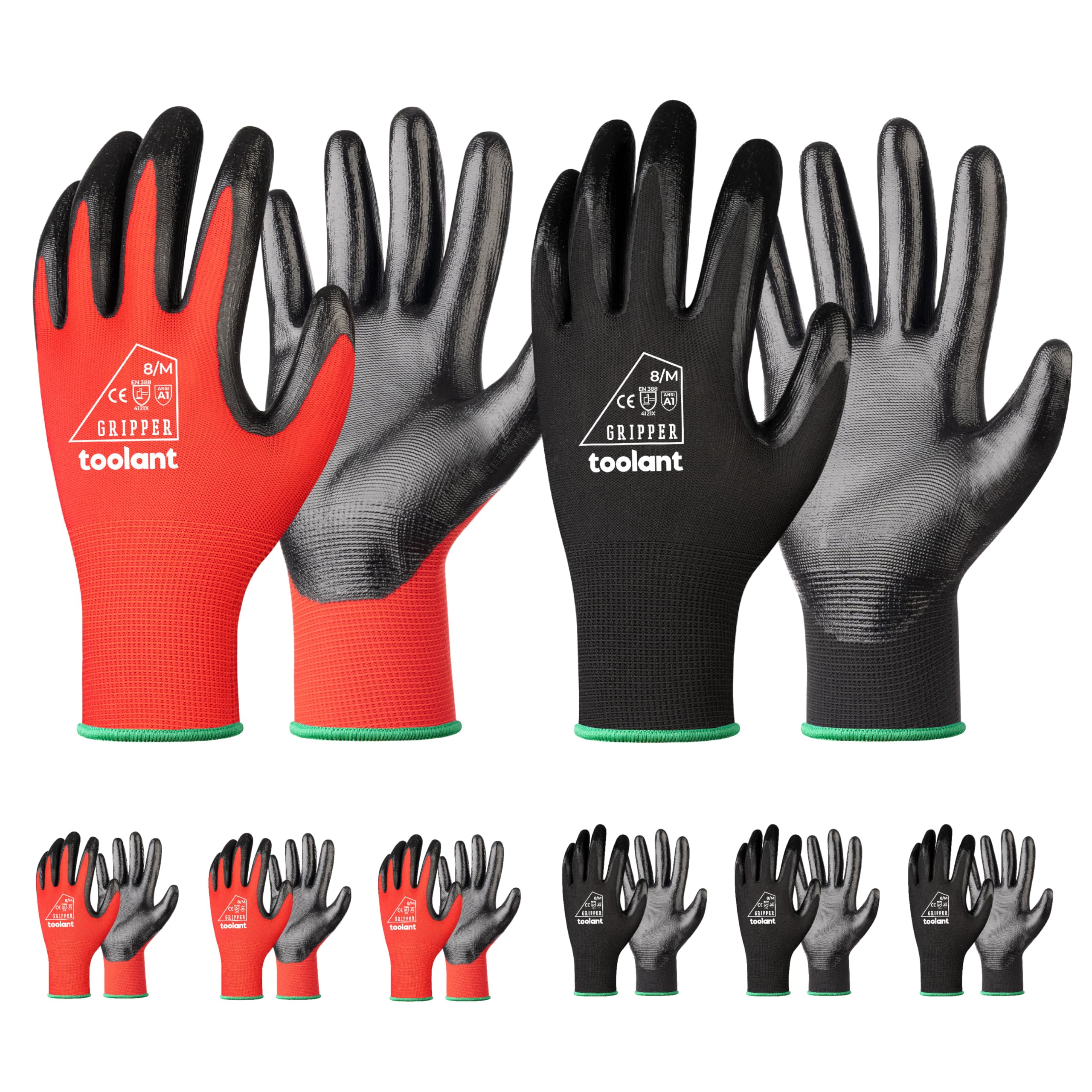 toolant Nitrile Coating Work Gloves for Men, Superior Oil Resistance, 6 Pairs Bulk Safety Work Gloves with Grip, Touch Screen, for Automobile Repair, Gardening, Warehouse (Red & Black, M)