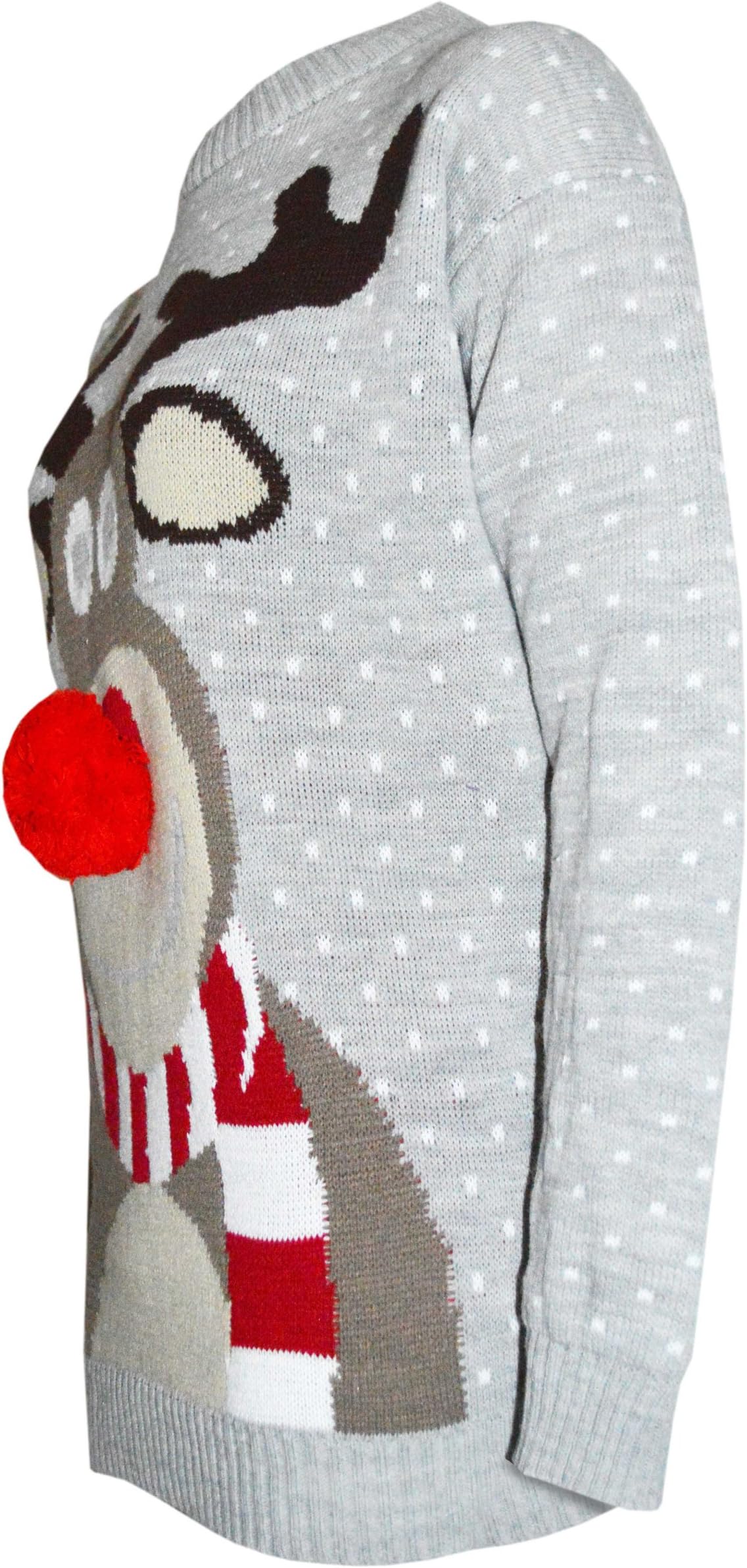 AmberclothingLadies Mens Long Christmas Reindeer Retro Jumper Sweater Knit Snow Cute Xmas S - XL (S/M (UK 8-10), Silver Pom Pom 14')