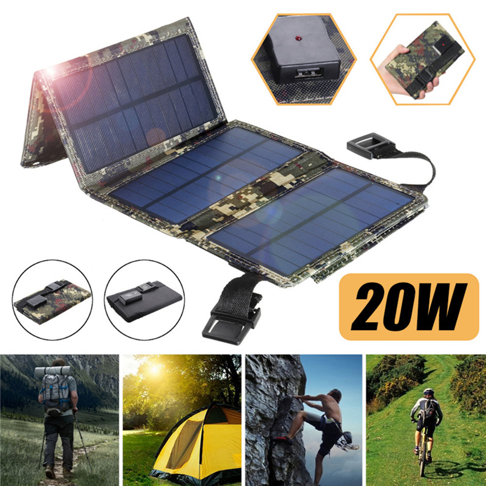 Pannello Solare Pieghevole 20W Hapivida | USB Per Campeggio E Outdoor | Nero - Foto 11