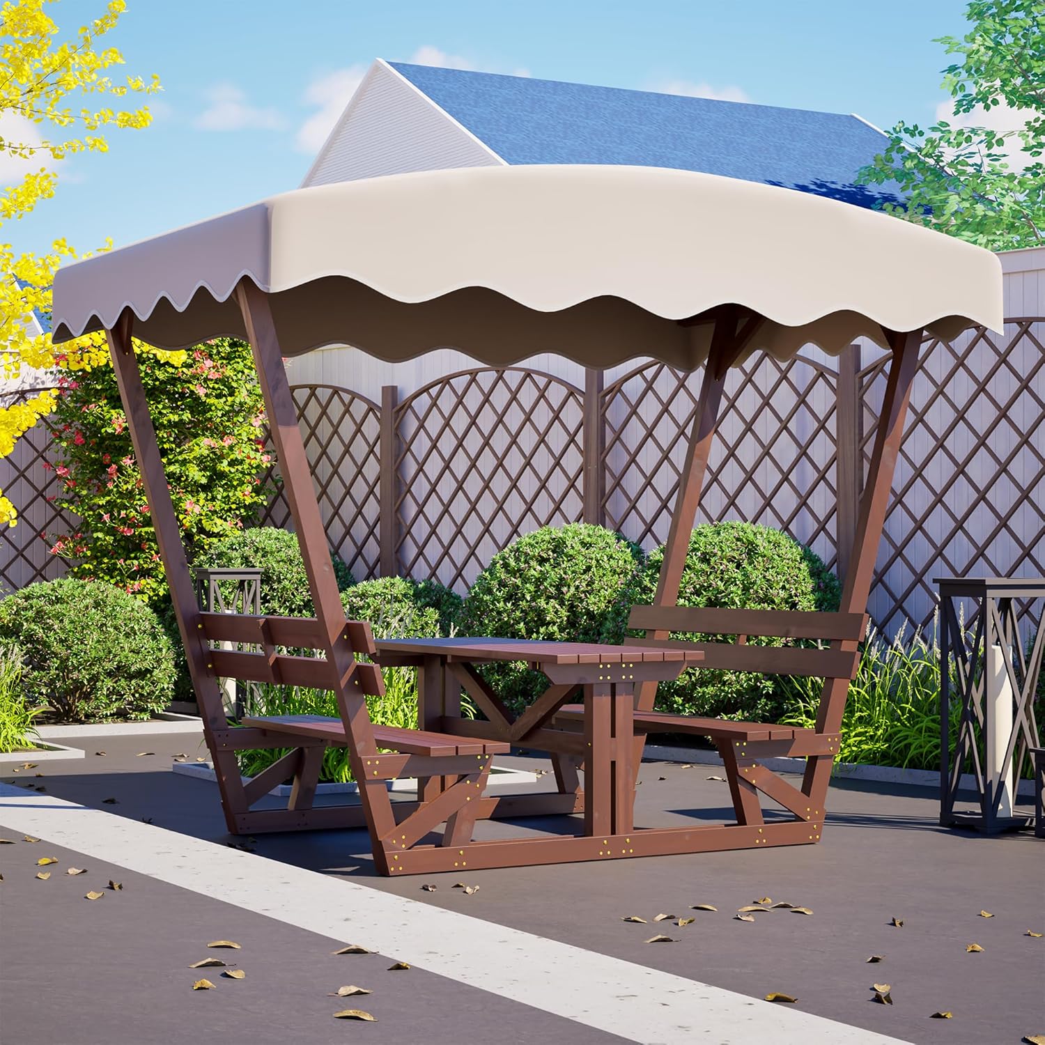 Wooden Outdoor Picnic Table and Chair Set with Two Built-in Benches, Suitable for 4–6 Adults. Solid Wood Patio Table with a Sunshade, Perfect for backyards, Parks, Beaches, and Holiday Gatherings.