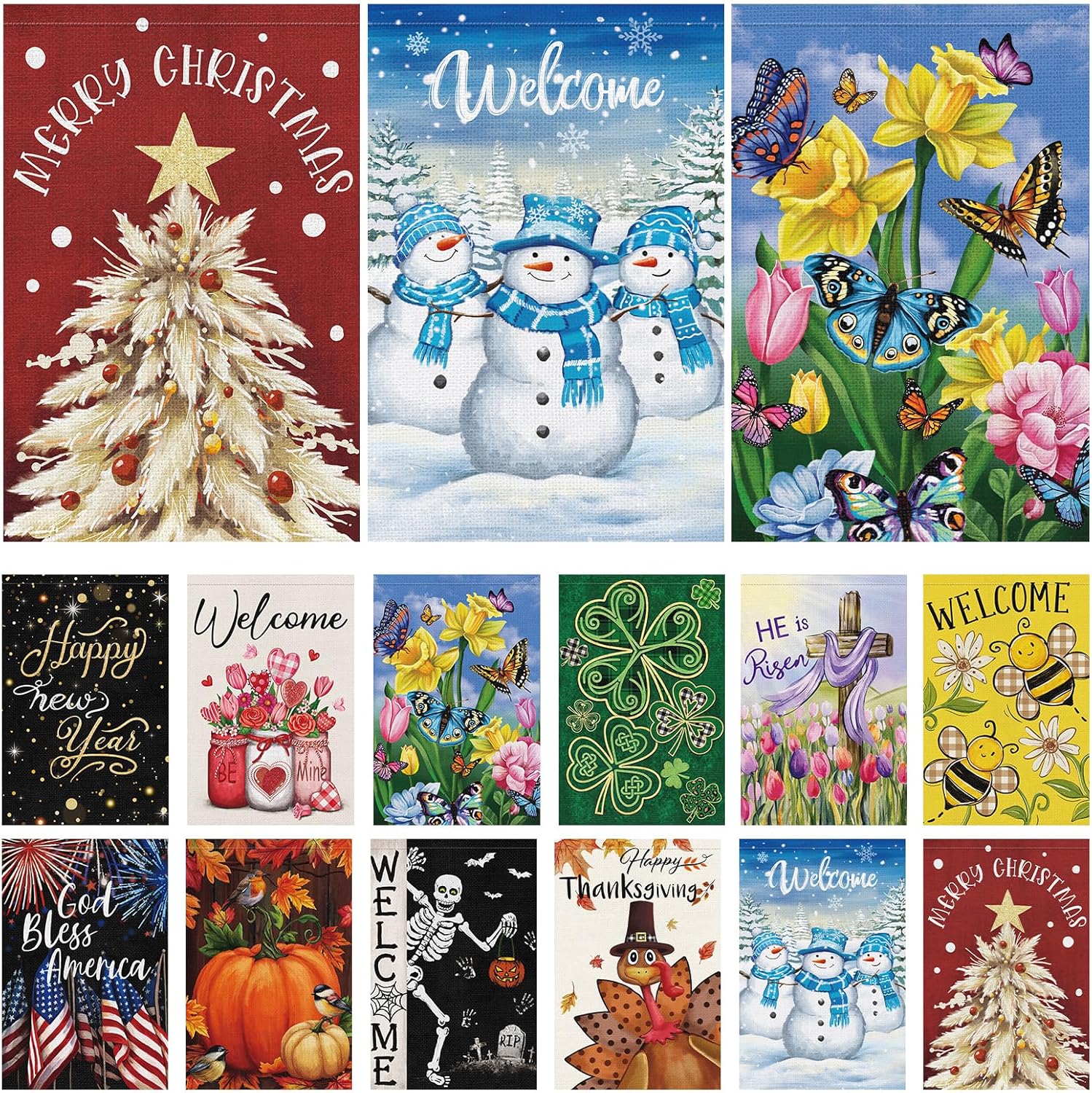 Louise Maelys All Season Garden Flag Set of 12 Double Sided 12x18 Inch Seasonal Small Burlap Welcome Fall Halloween Christmas Winter Yard Decoration Outdoor Outside House