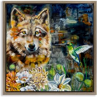 Stupell Industries Beautiful Wolf & Hummingbird Framed Floater Canvas Wall Art Design by Linda McClure, Brown Floater Frame, 18 x 18