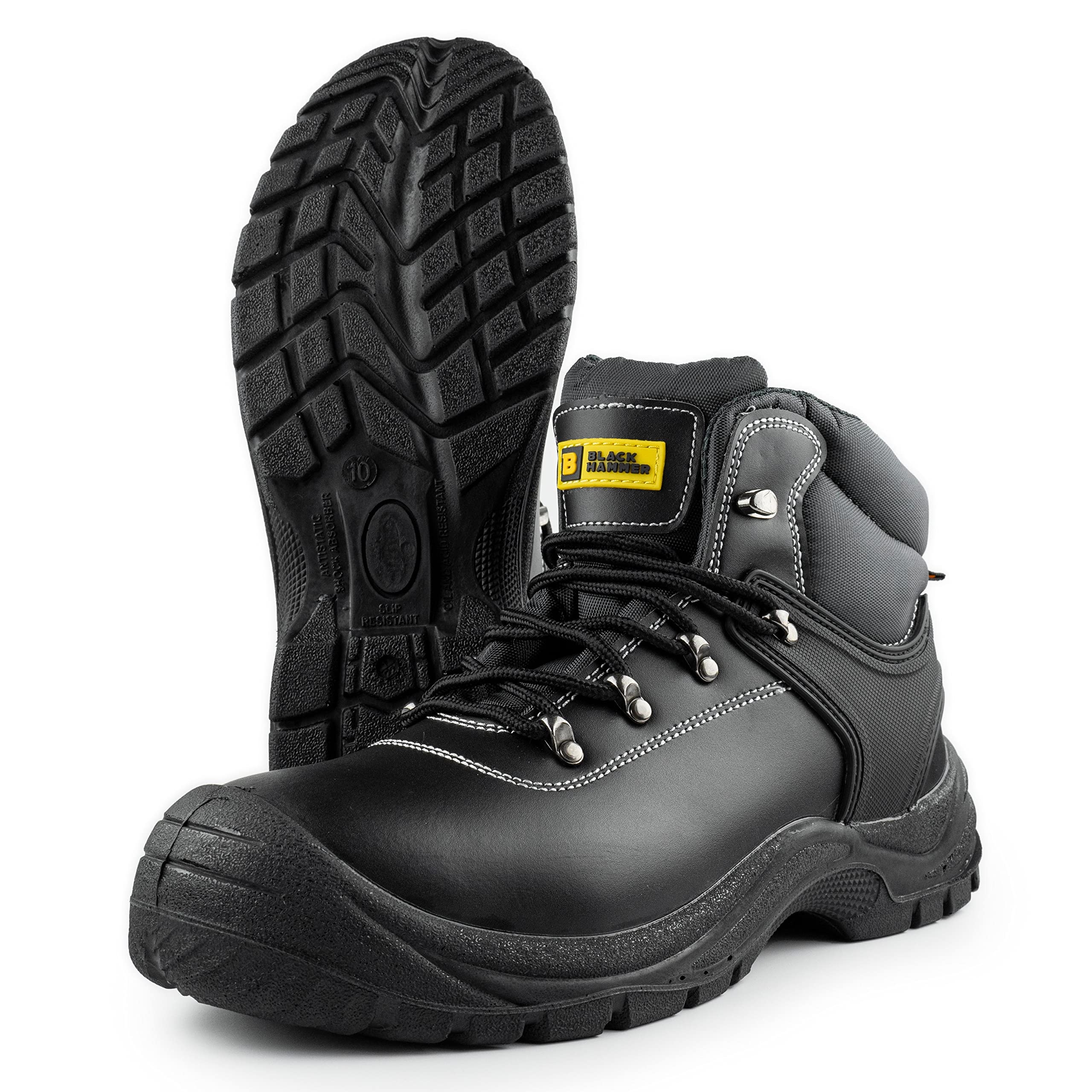 BLACK HAMMER Botas de seguridad con puntera de acero hombre Calzado de trabajo de cuero resistente y ligero S3 SRC 1700 Negro (43 EU)