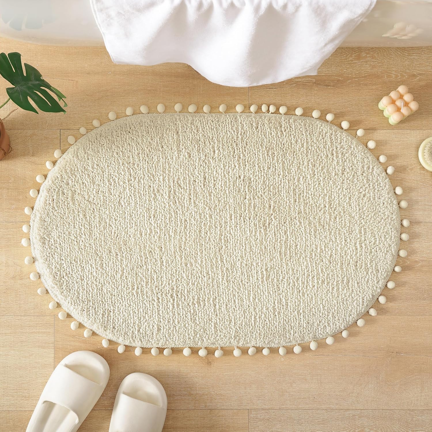 YIRDDEO Oval Bathroom Rugs Beige Rug with Pom Cream Bath Mat for Bedroom Non Slip Cute Boho Absorbent Mats Soft Plush Washable Rug (20x30 inches) - Image 5
