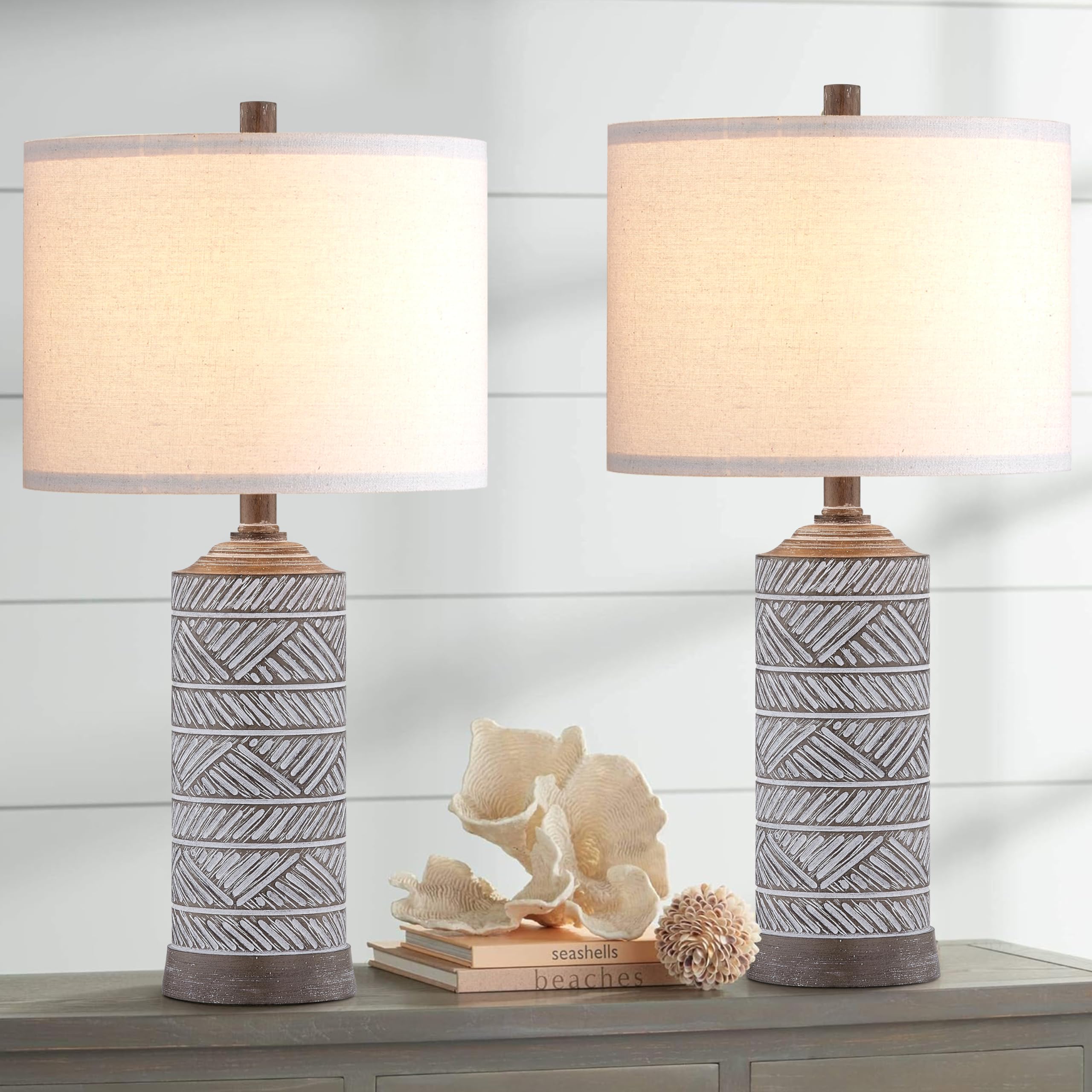 Kyrid 23.5'' Resin Table Lamps Set of 2 Painted Weathered Deep Walnut Wood with White Patterns Finish(Bulbs Included)