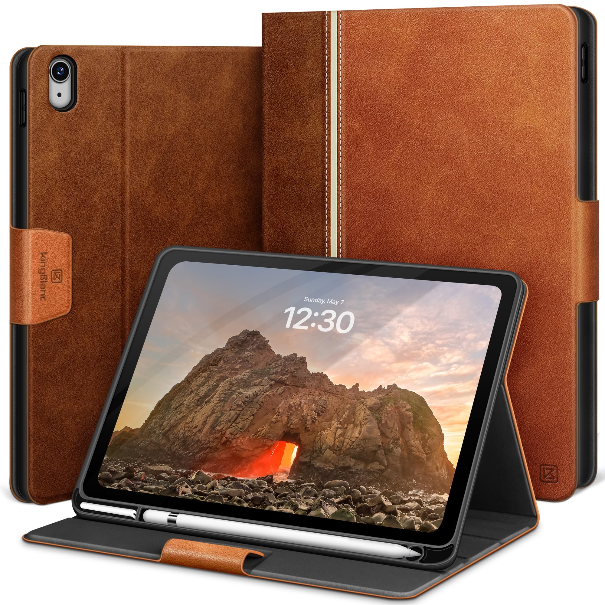 KingBlanc Case for iPad (A16) 11th/10th Generation (2025/2022, 11/10.9-inch) with Built-in Pencil Holder, Vegan Leather Protective Smart Stand Cover, Auto Sleep Wake, Multi-Angle Viewing, Brown