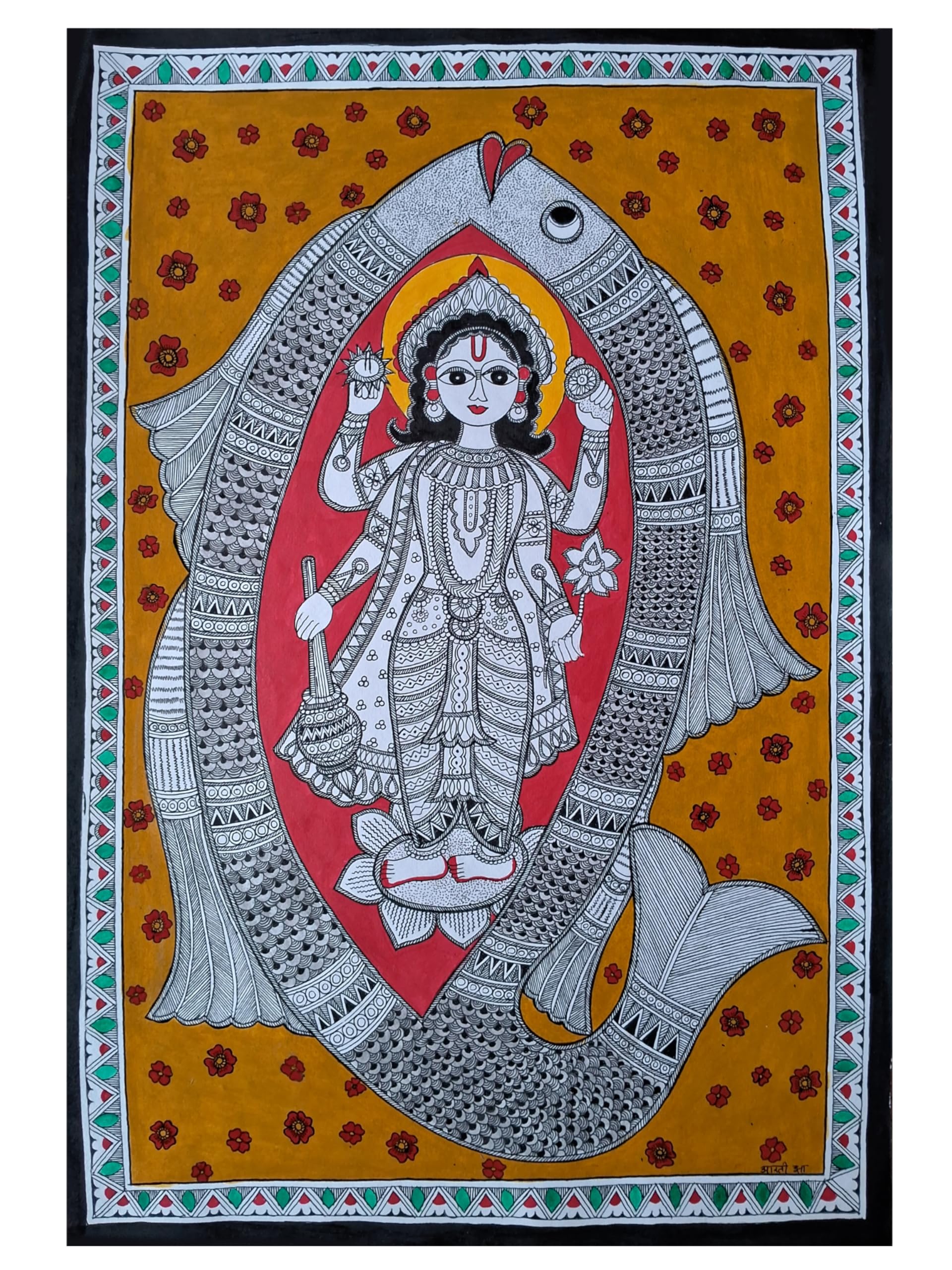 Matsya Avatar (Fish Incarnation of Lord Vishnu) - Authentic Madhubani Art Painting - Handmade Mithila Folk Art on Paper - Traditional Indian Wall Decor