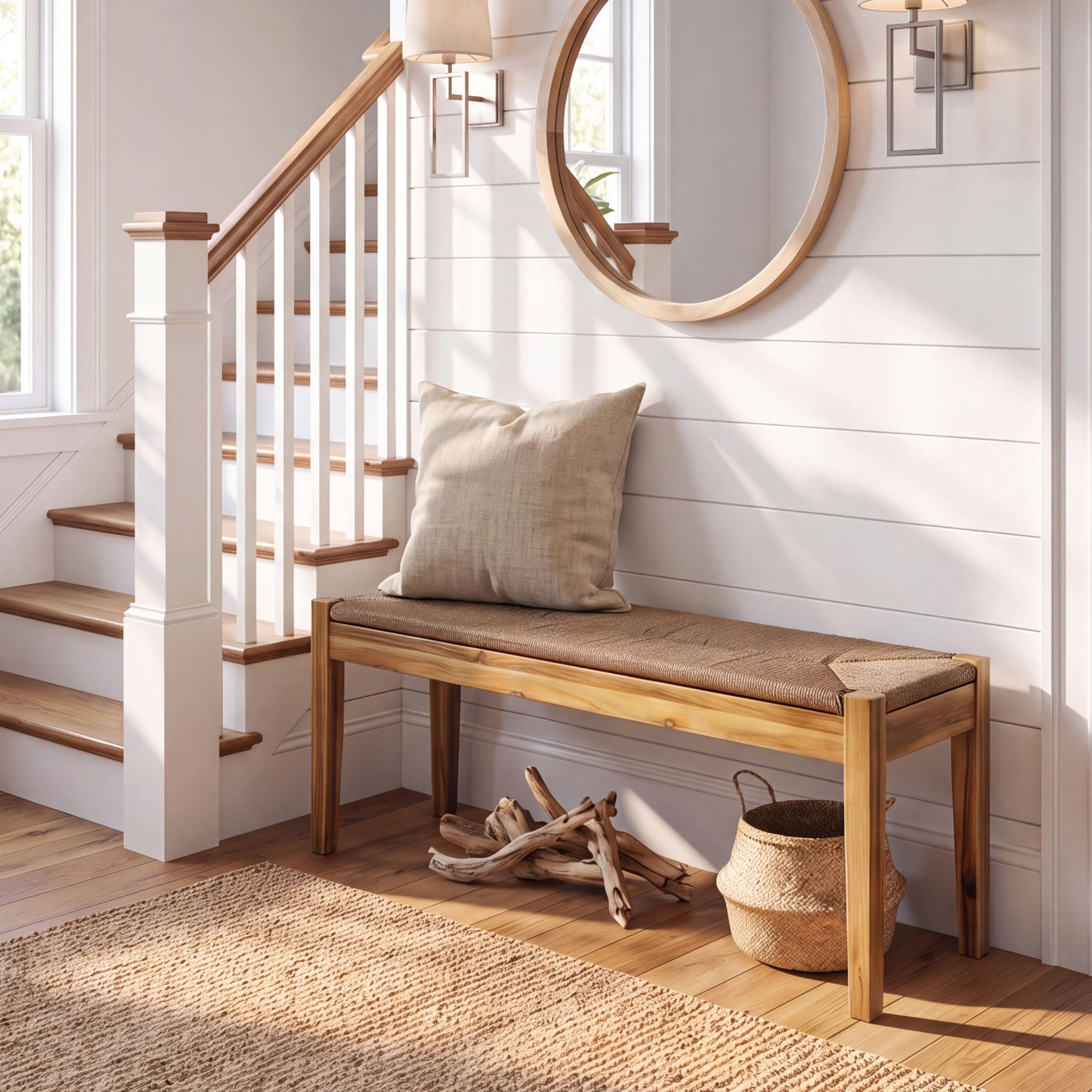 46-Inch Acacia Wood Bench with Woven Rope Seat, Indoor Entryway Bench