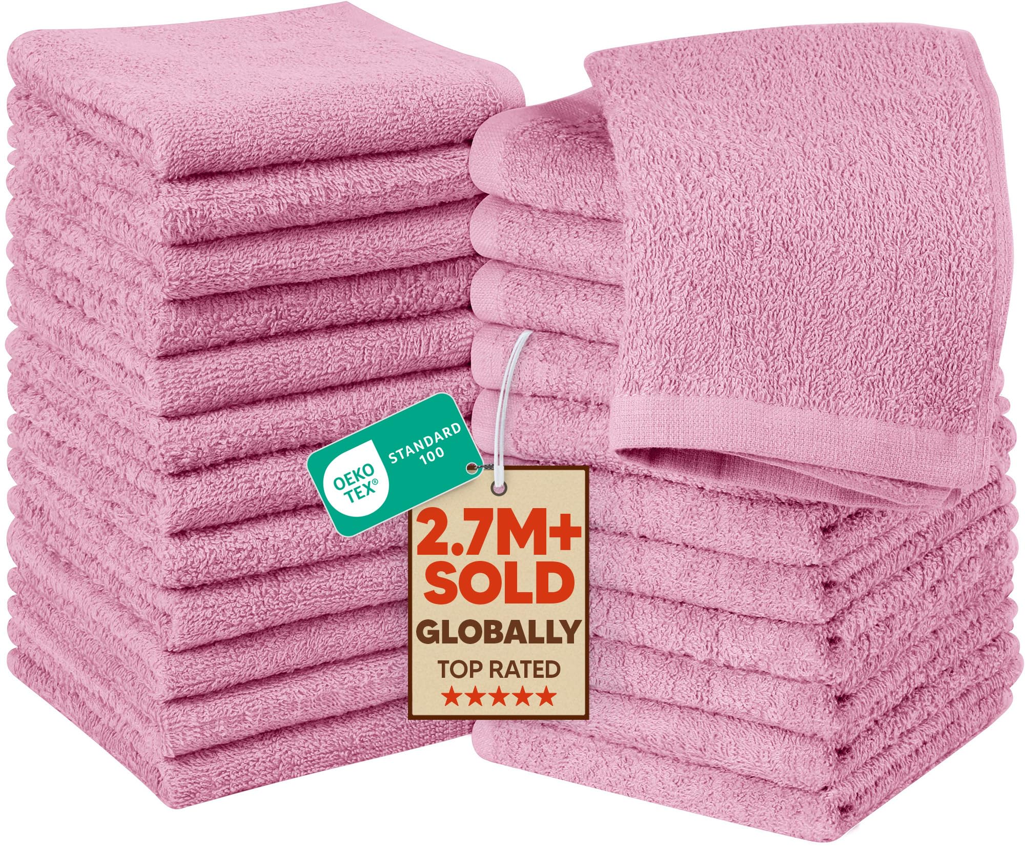Utopia Towels 24 Pack Washcloths, 12x12 in, 100% Cotton, Pink