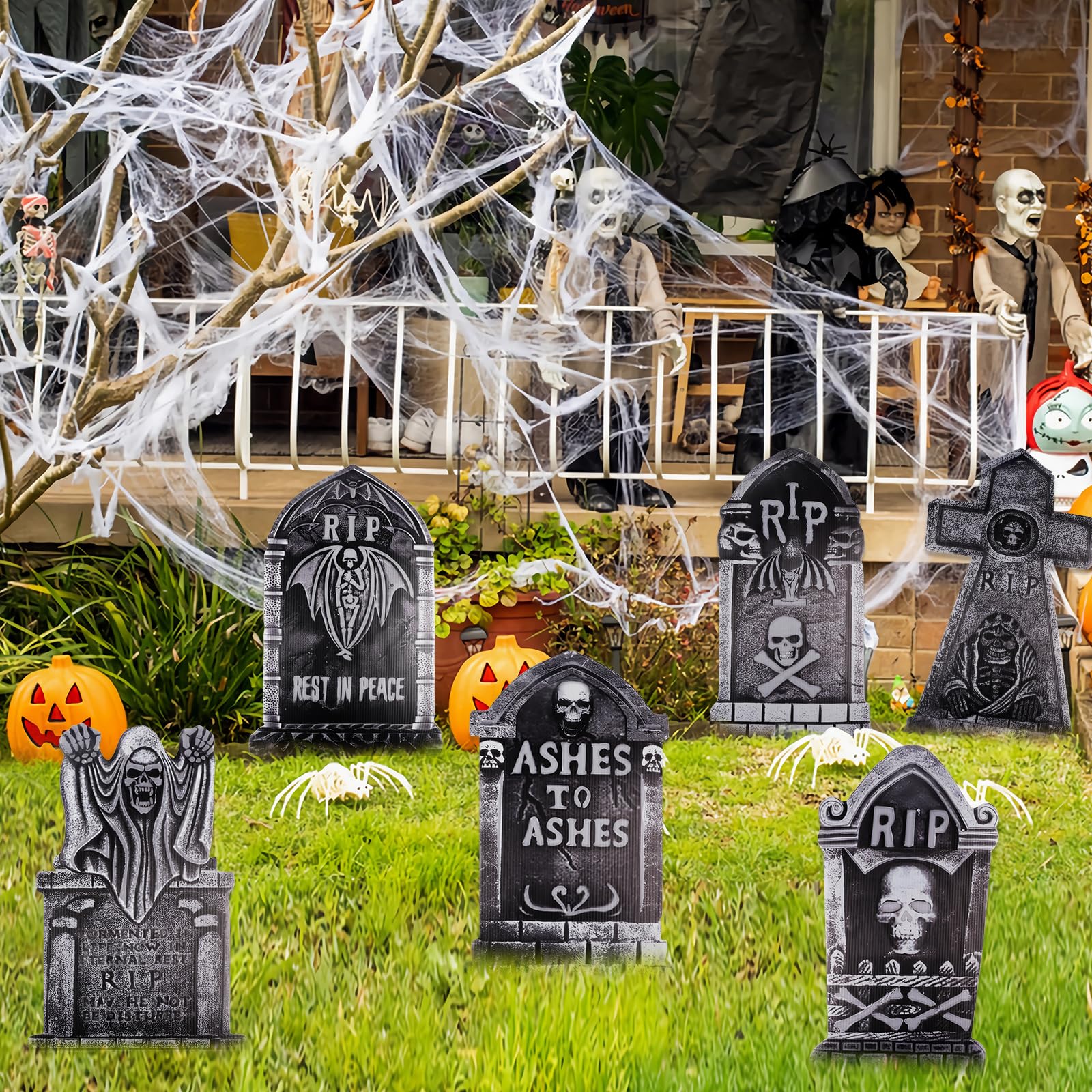 6 Pièces Pierre Tombale Halloween,42 cm Pierres Tombales RIP avec 12 Piquets en Plastique pour Halloween Jardin