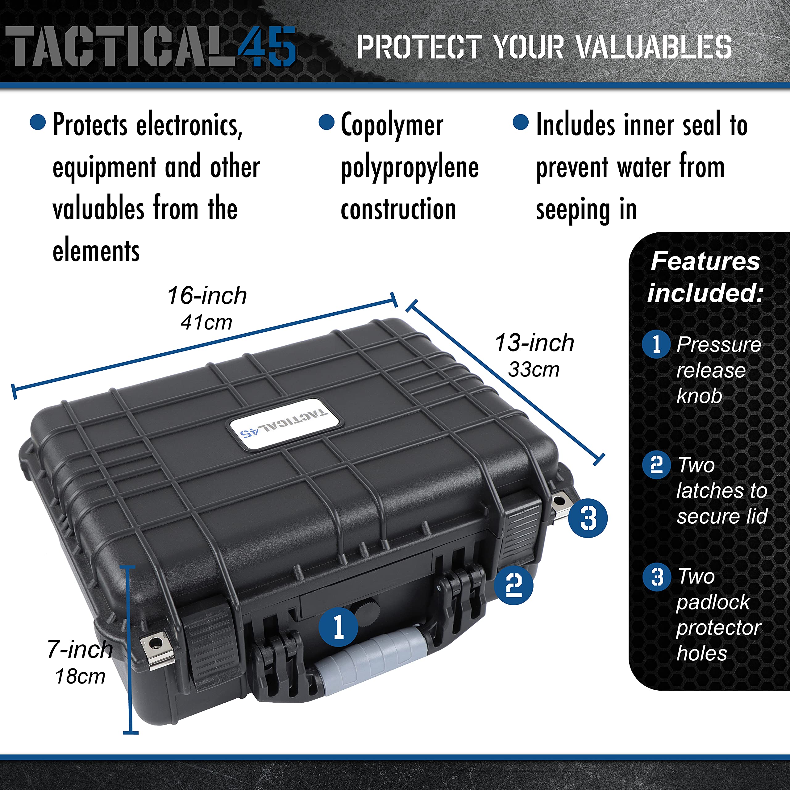 Tactical45 Funda rígida con espuma resistente a la intemperie, para exteriores y viajes, 40,6 x 33 x 17,8 cm, funda de espuma negra