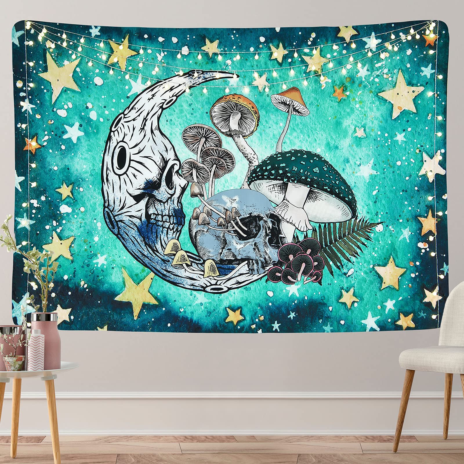Yrendenge Skull Tapestry Mushroom Stars Moon Tapestry Abstract Hippy Trippy Wall Hanging Tapestry Home Decor Tapestry for Bedroom Aesthetic 59*83 inches（150*210cm）