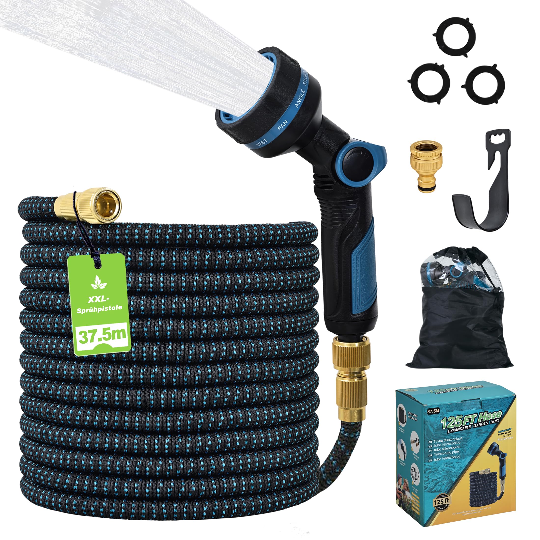 FLOWCASA Expandable Garden Hose 37.5m/125ft, Auto Retractable & Flexible Water Hose with XXL Spray Gun (24cm), 10 Patterns, Dual Metal Fittings (1/2" & 3/4"), Kink-Free, TPE 2500D, Gift Box - Blue/Bla