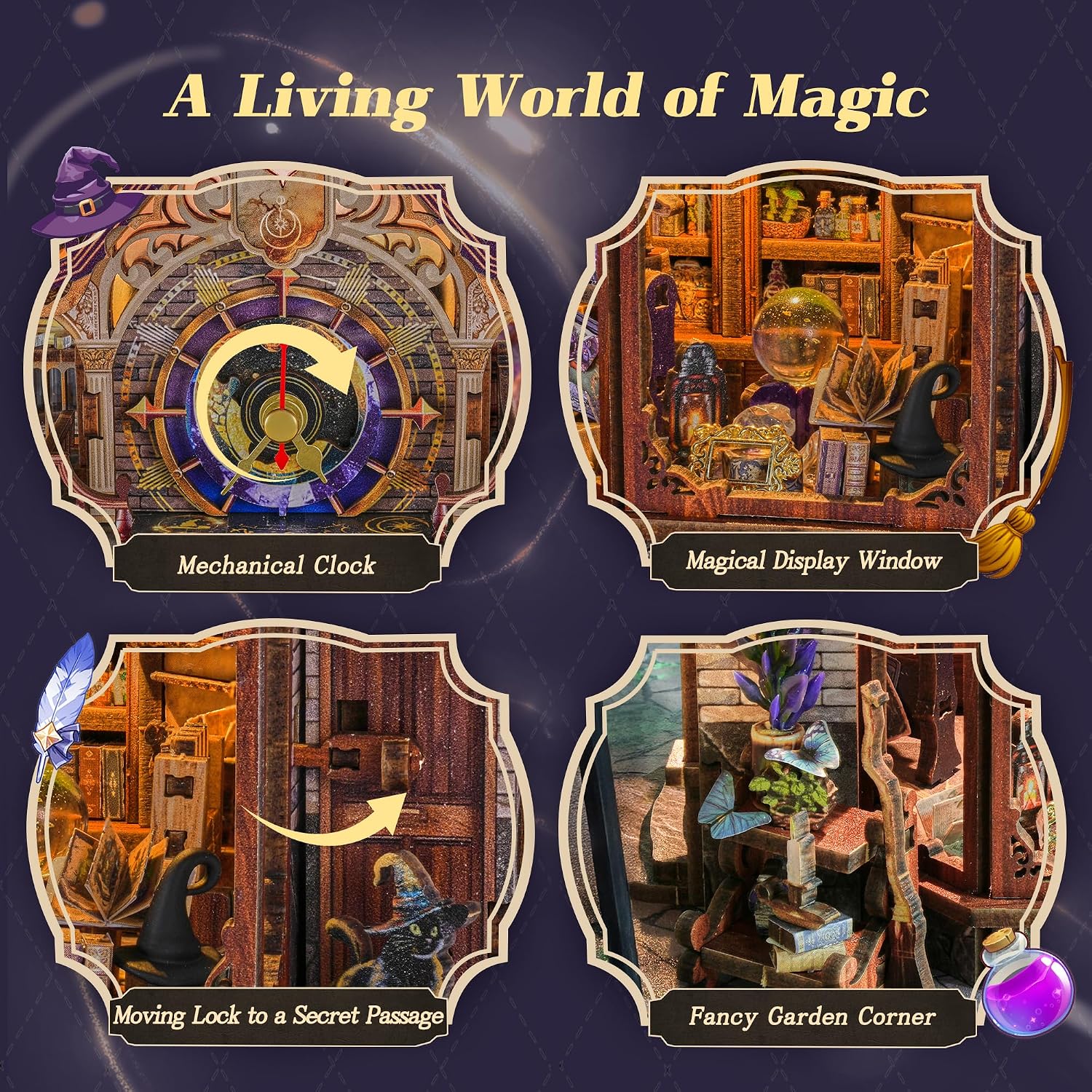 FUNPOLA LED 3D Wood Puzzle Magic Guild, Dynamic Mechanical Model with Music and Lights, DIY Miniature Building Kit, Home Décor Gift for Adults