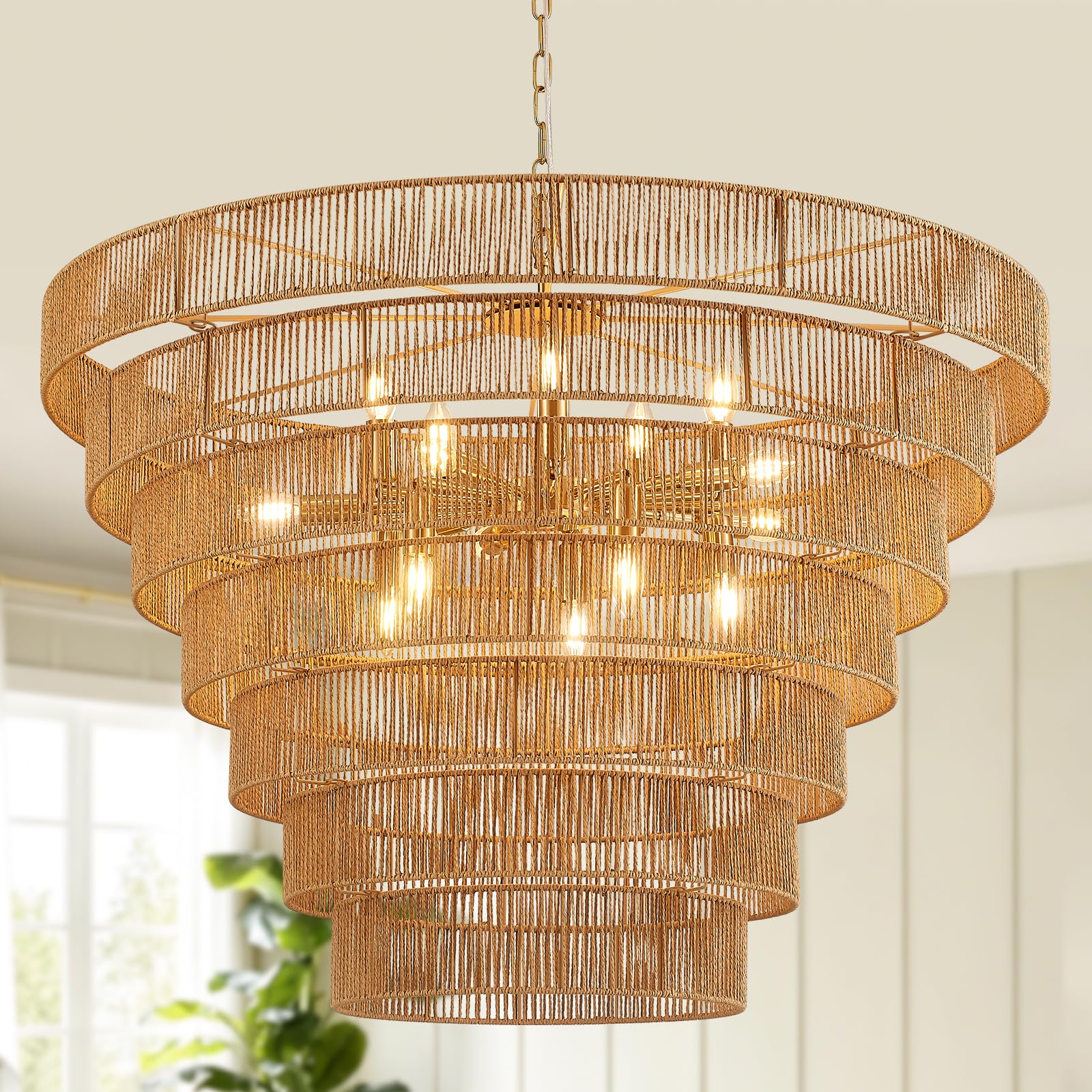 Photo 1 of YOMECOO 39.4" Rattan Chandelier, 15-Light Gold