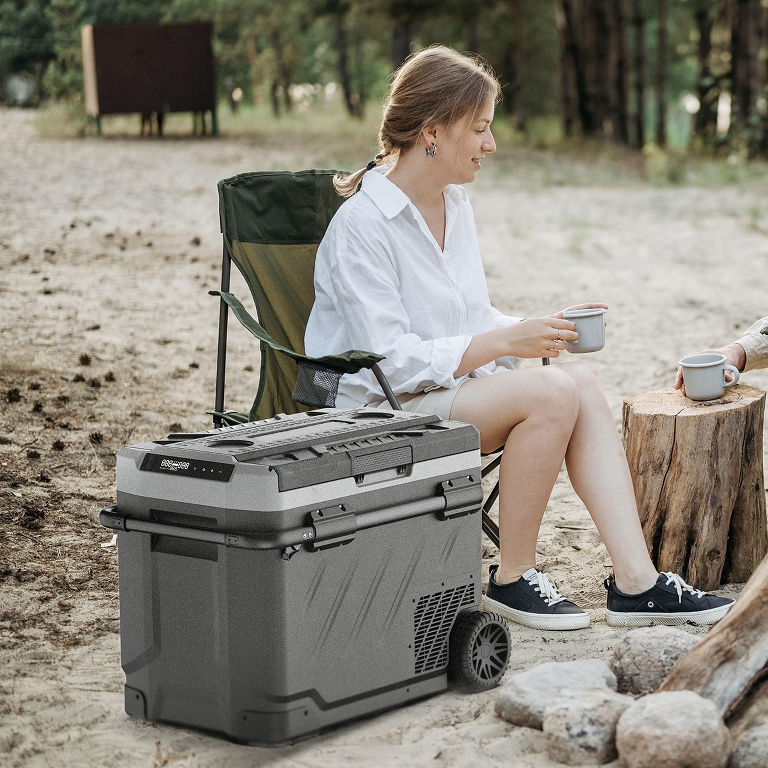Kompressor Kühlbox 41L – Tragbarer Mini Kühlschrank mit Rollen & Teleskopgriff, 12V 24V 230V für Auto, Camping & Wohnmobil, App-Steuerung, Dual-Zone, Schwarz-Grau, LKW, PKW, Wohnmobil